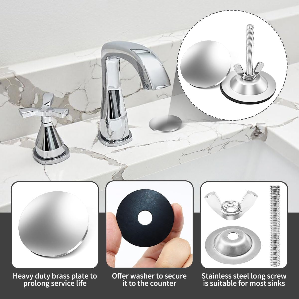 2 Inch Kitchen Sink Hole Covers, Faucet Hole Cover Stainless Steel Wash Basin Kitchen Sink Tap Hole Plate Stopper, Sealed Decoration Hole Cover Silver