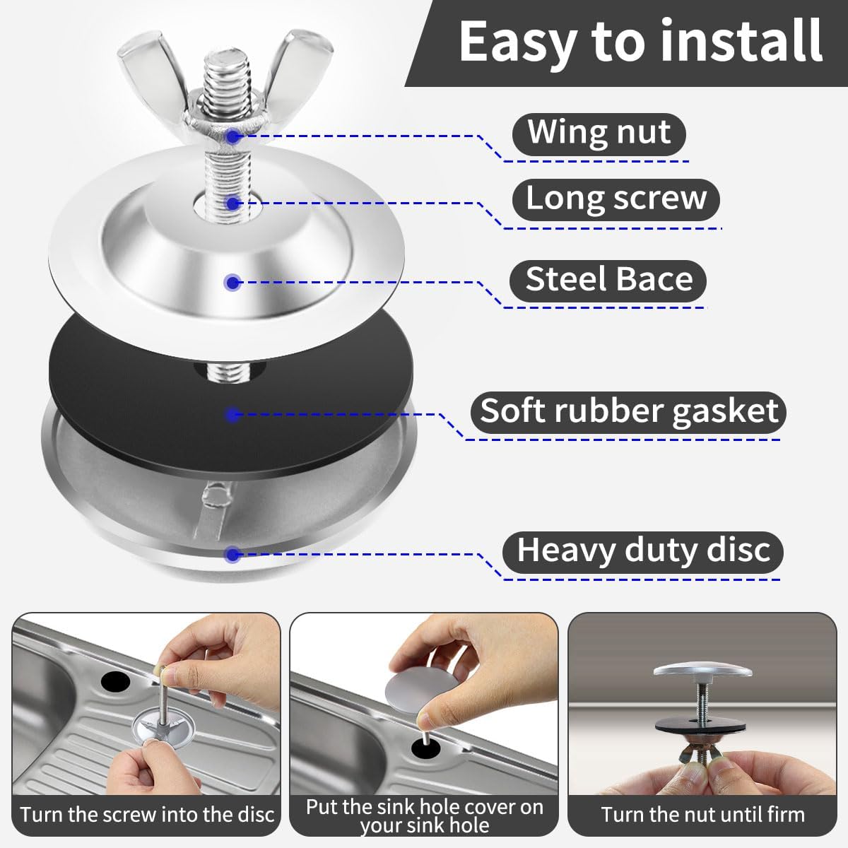 2 Inch Kitchen Sink Hole Covers, Faucet Hole Cover Stainless Steel Wash Basin Kitchen Sink Tap Hole Plate Stopper, Sealed Decoration Hole Cover Silver