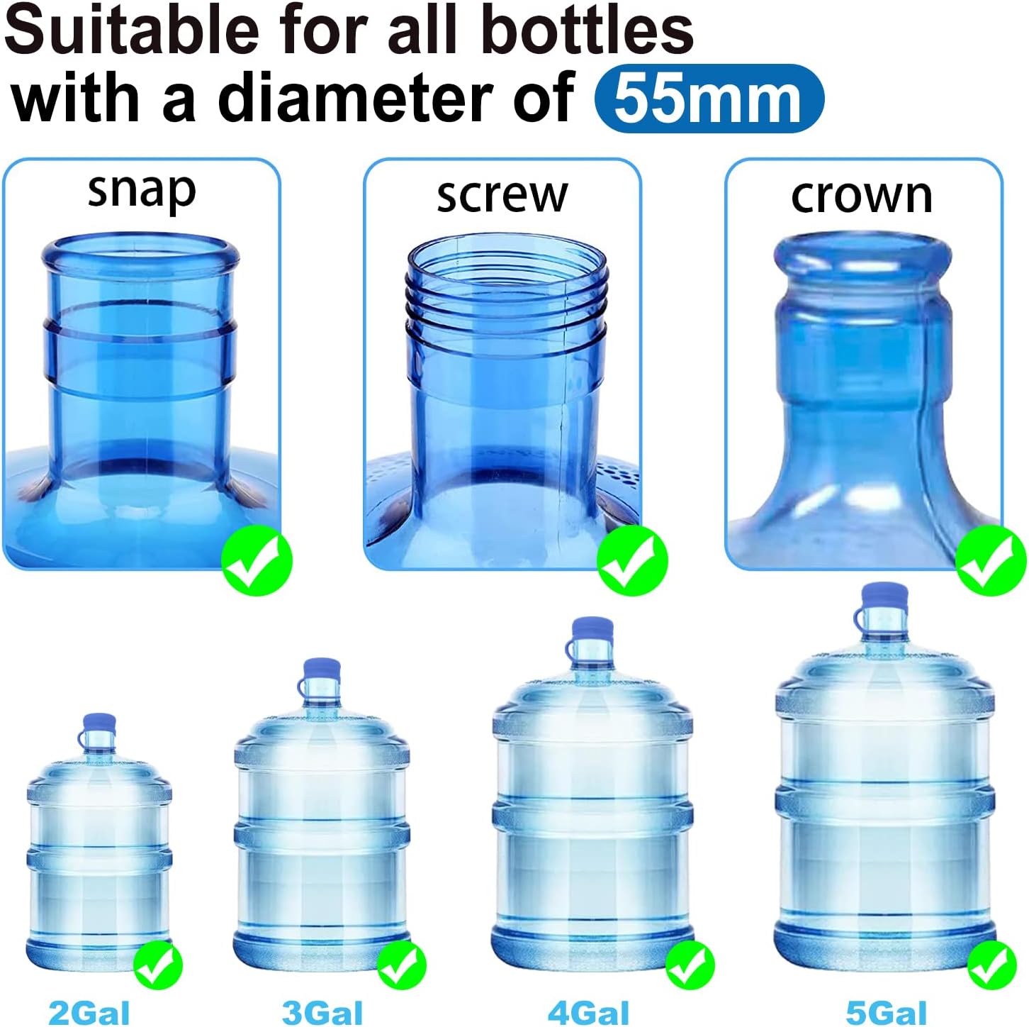 3 & 5 Gallon Water Jug Cap Reusable, Food Grade Silicone Replacement Gallon Caps for 55mm Standard/Screw/Crown Tops Water Bottle and Water Dispensers, Non-Spill Lids for Anti-Splash, Leak Free 3PCS