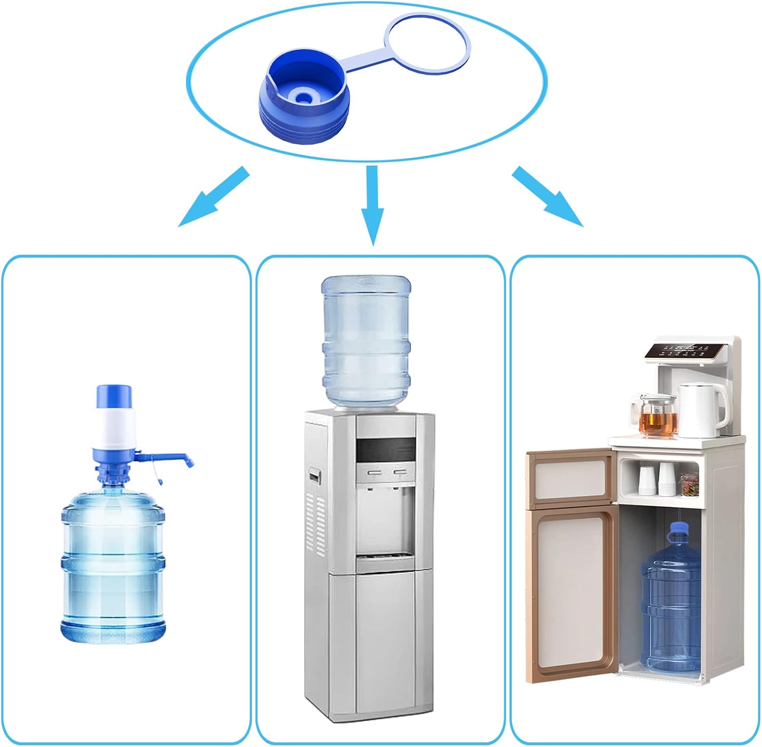 3 & 5 Gallon Water Jug Cap Reusable, Food Grade Silicone Replacement Gallon Caps for 55mm Standard/Screw/Crown Tops Water Bottle and Water Dispensers, Non-Spill Lids for Anti-Splash, Leak Free 3PCS