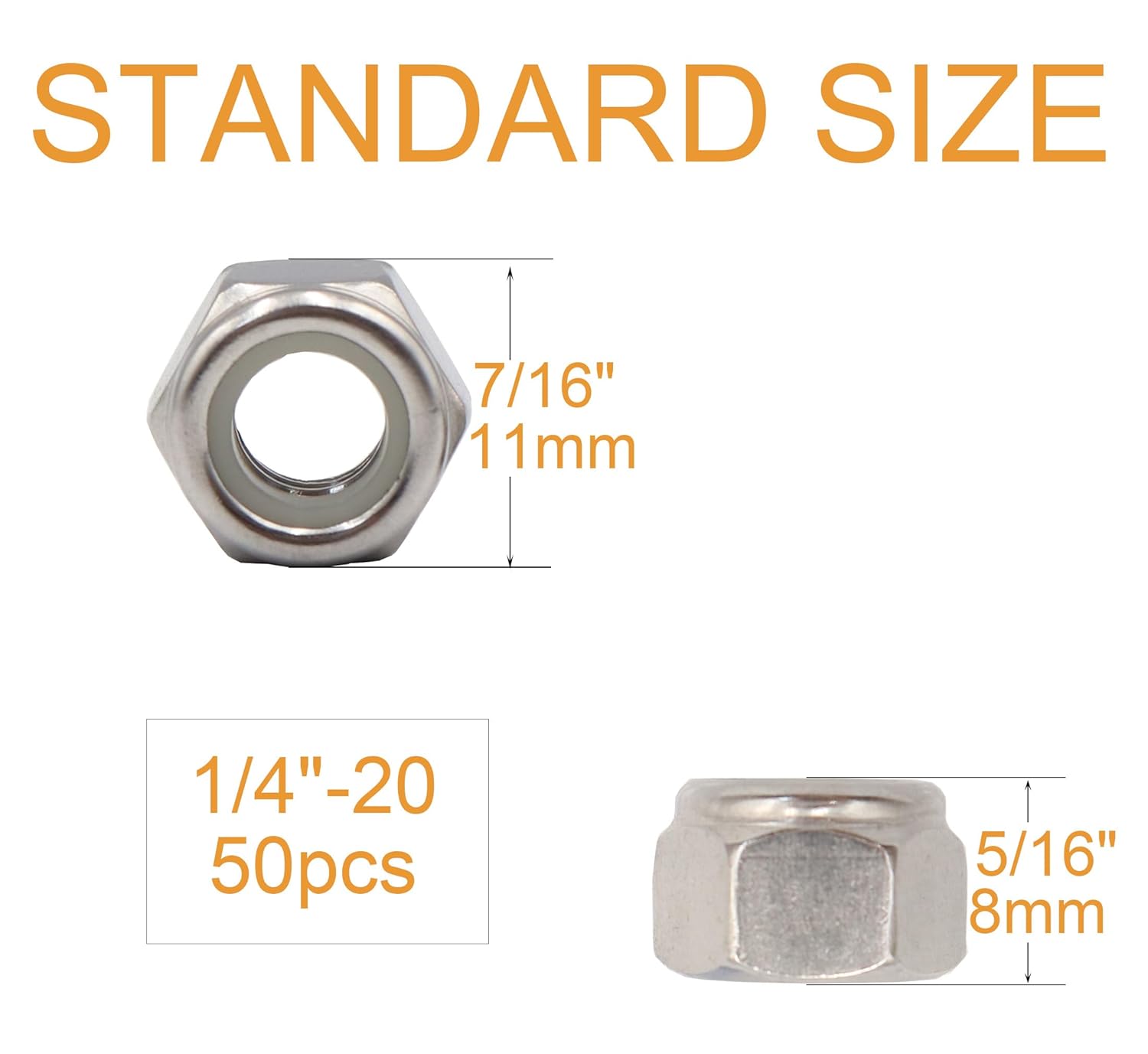 50pcs 1/4-20 Inch Nylon Inserted Self Locking Nuts - 304 Stainless Steel, 1/4" Nylock Nuts for Furniture, Tools, Handle