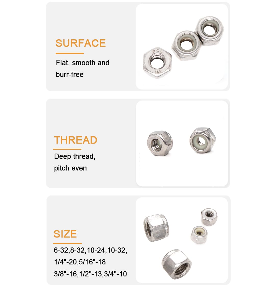 50pcs 1/4-20 Inch Nylon Inserted Self Locking Nuts - 304 Stainless Steel, 1/4" Nylock Nuts for Furniture, Tools, Handle