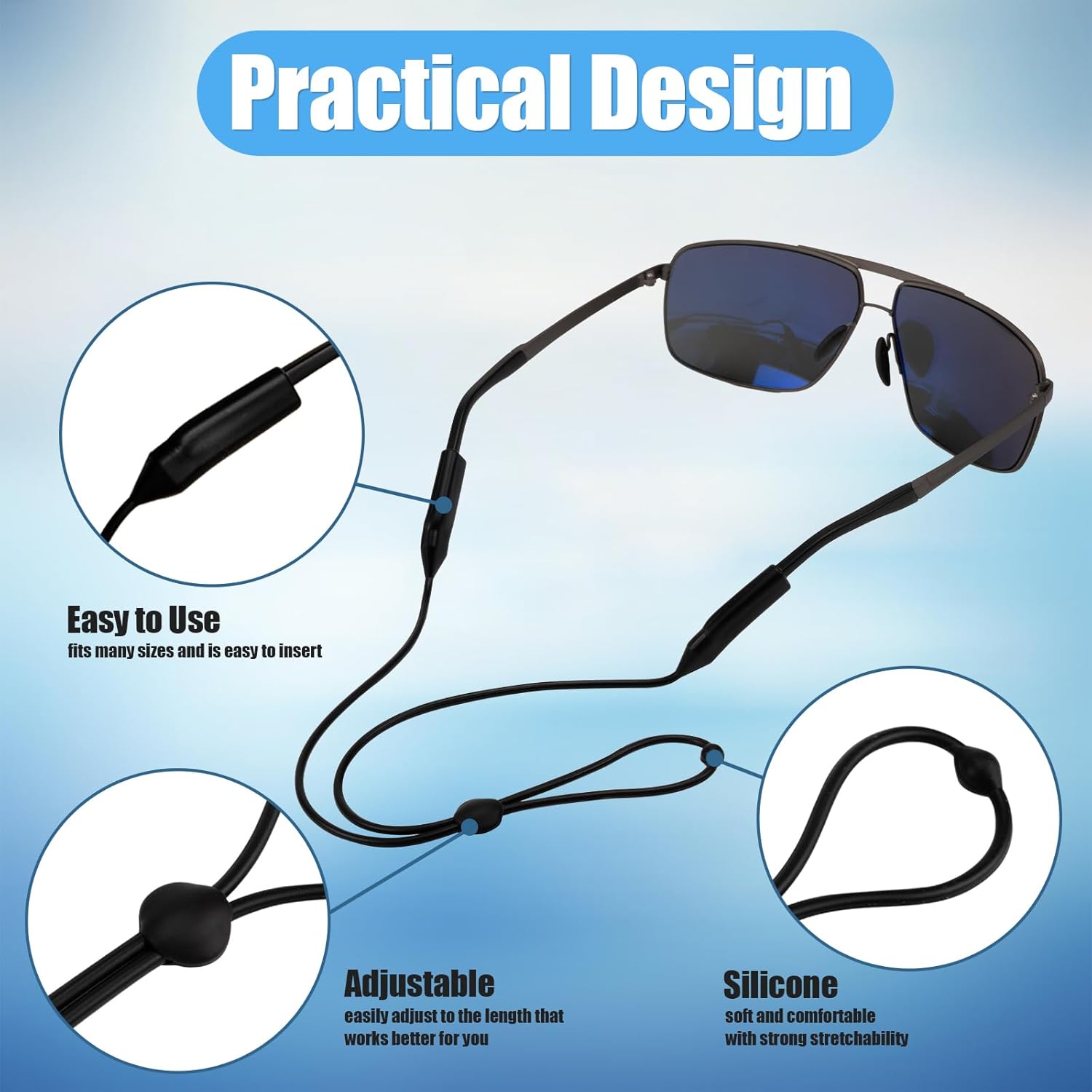 6Pcs Adjustable Glasses Straps Silicone Sport Sunglasses Holder Retainer Cord Around Neck Eyewear Accessories for Men, Women, Black