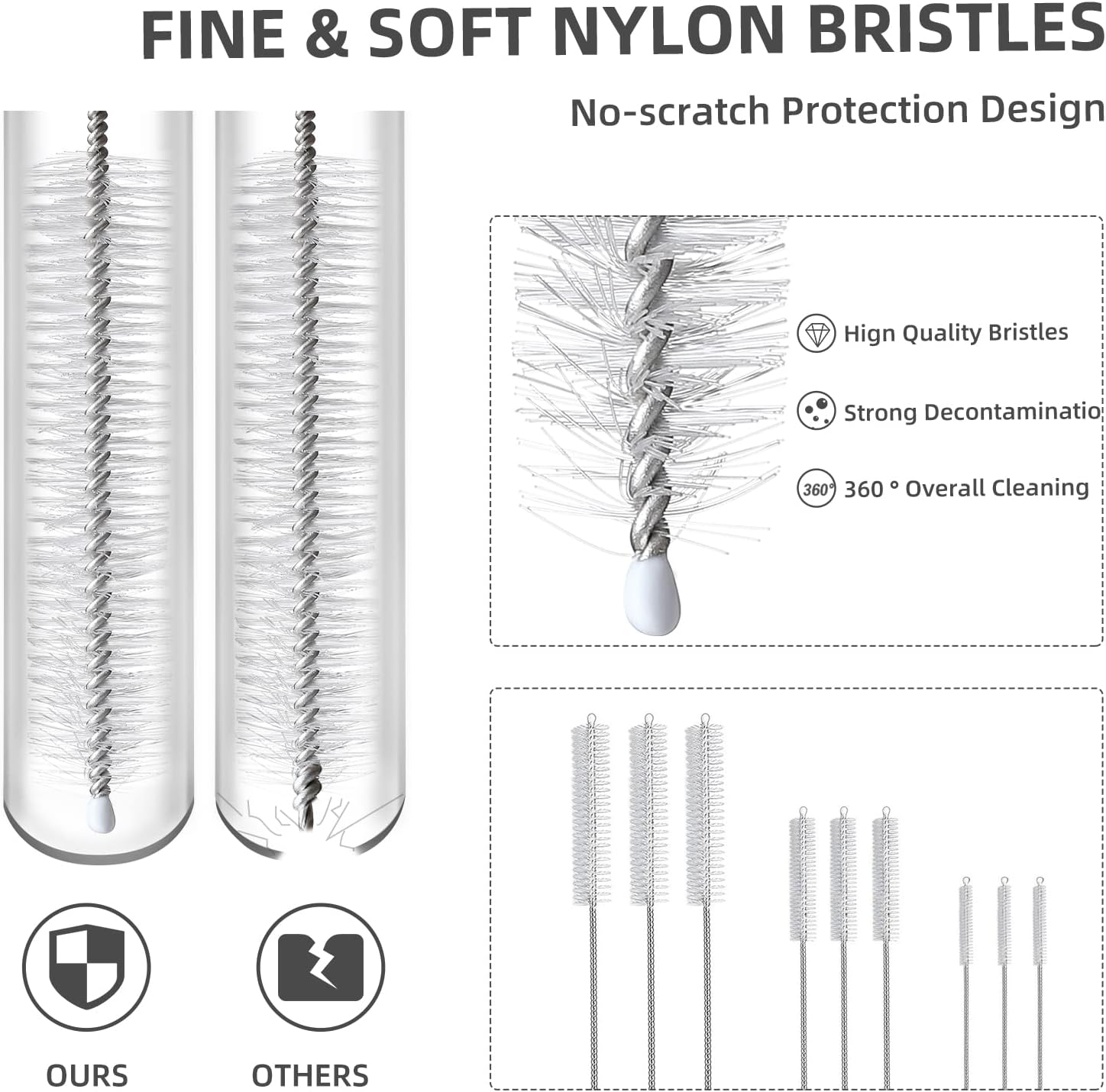 9-Piece Straw Cleaner Brush Kit - for Stanley Mug 40, 30, 20 oz, 3-Size Extra Long Pipe Cleaners, Straw Cleaning Brush for Tumbler, Sippy Cup, Bottle and Tube