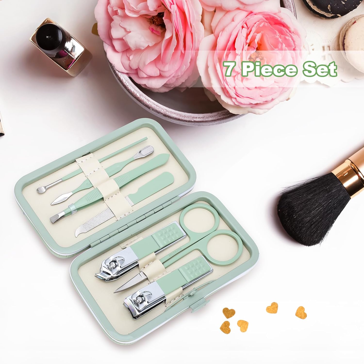 Manicure Set-Stainless Steel Nail Care Set-Professional 7 in 1 Ingrown Toenail Clipper Grooming Tool-Pedicure Kit & Toe Nail Cutter-Thick Nail Scissors Toiletries with Cuticle Trimmer Green