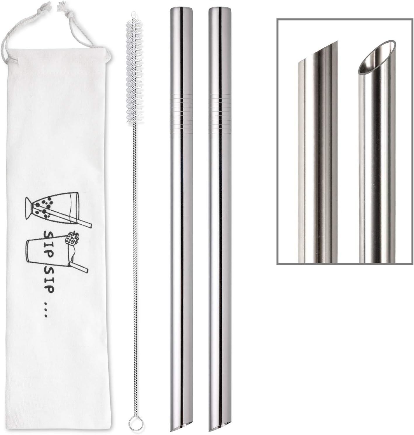 Angled Tips 2 Pcs Jumbo Reusable Bubble Tea Straws & Smoothie Straws, 0.5" Wide Stainless Steel Straw, Metal Straw for Boba, Tapioca Pearl, Milkshakes,Smoothies | 1 Cleaning Brush & 1 Case