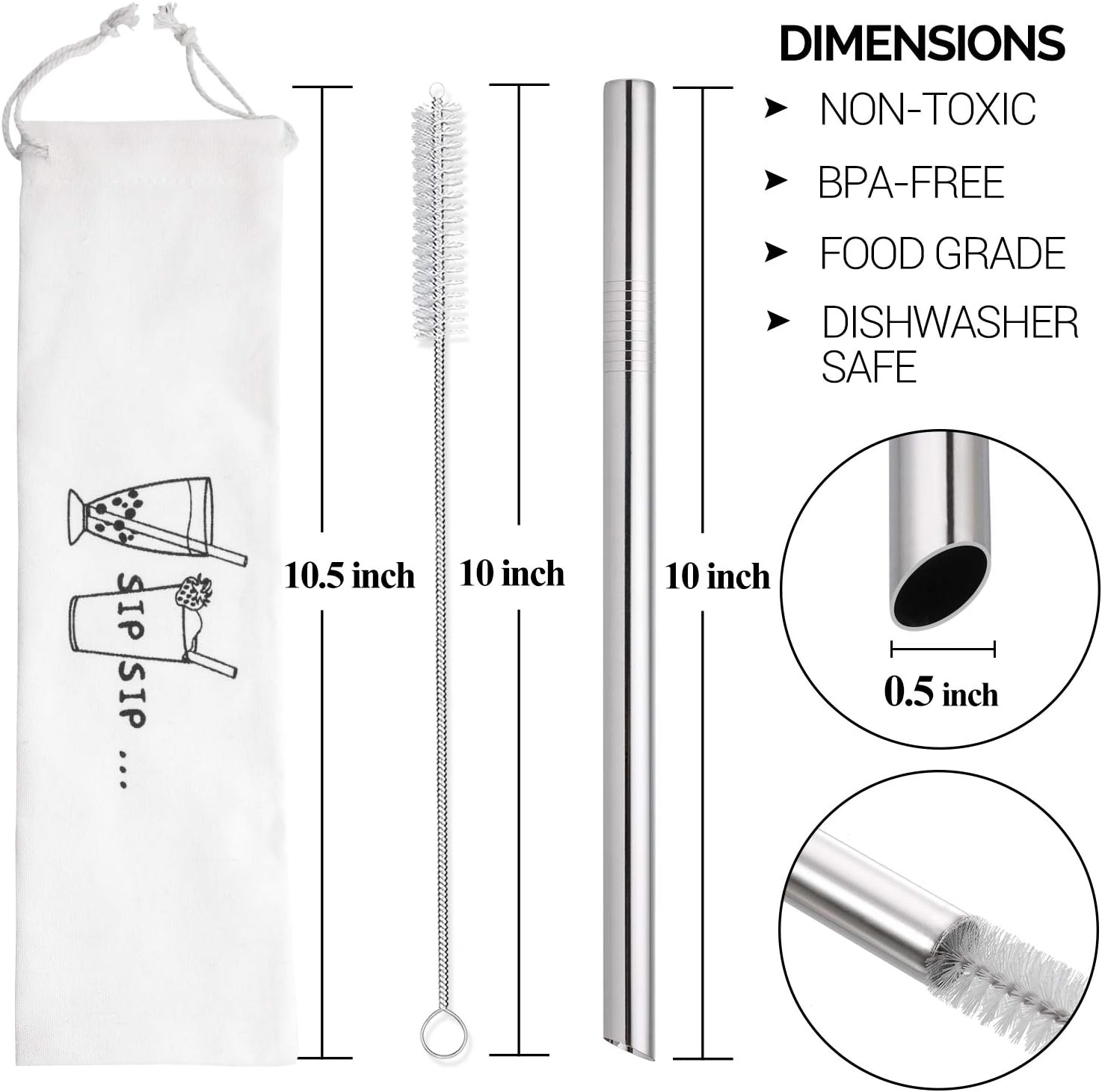 Angled Tips 2 Pcs Jumbo Reusable Bubble Tea Straws & Smoothie Straws, 0.5" Wide Stainless Steel Straw, Metal Straw for Boba, Tapioca Pearl, Milkshakes,Smoothies | 1 Cleaning Brush & 1 Case