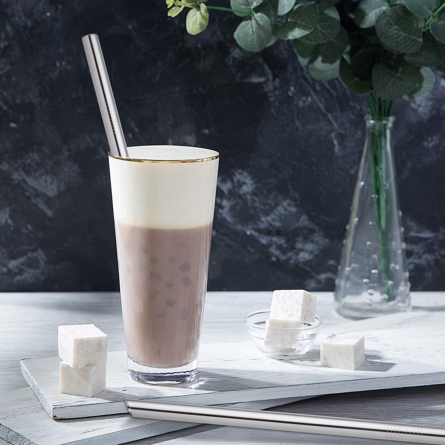 Angled Tips 2 Pcs Jumbo Reusable Bubble Tea Straws & Smoothie Straws, 0.5" Wide Stainless Steel Straw, Metal Straw for Boba, Tapioca Pearl, Milkshakes,Smoothies | 1 Cleaning Brush & 1 Case
