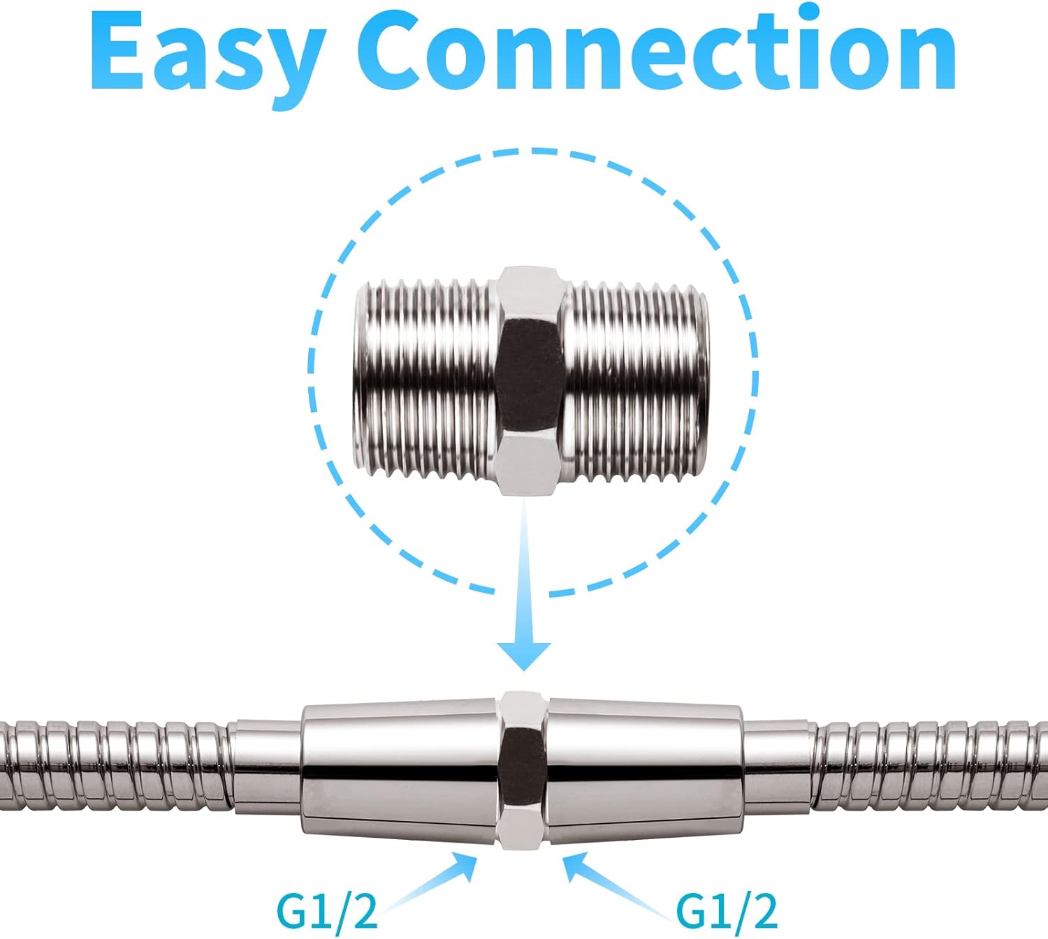 Shower Hose Extension Connector, 1/2 to 1/2 Shower Hose Extender Fitting Extra Long Joint, Used to Connect Two Hoses, Solid Stainless Steel, 1 PCS