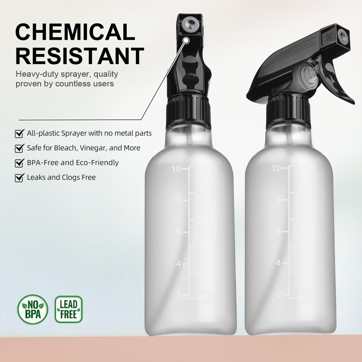 Spray Bottles 2 Pack, 10 Oz, Mist & Stream, Heavy Duty Spraying Empty Water Sprayer Bottle, BPA Free Plastic Refillable Containers for Cleaning Solutions, Planting, Hair with Measurement