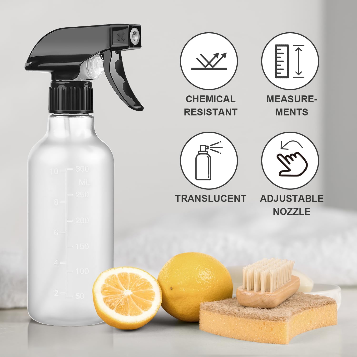Spray Bottles 2 Pack, 10 Oz, Mist & Stream, Heavy Duty Spraying Empty Water Sprayer Bottle, BPA Free Plastic Refillable Containers for Cleaning Solutions, Planting, Hair with Measurement