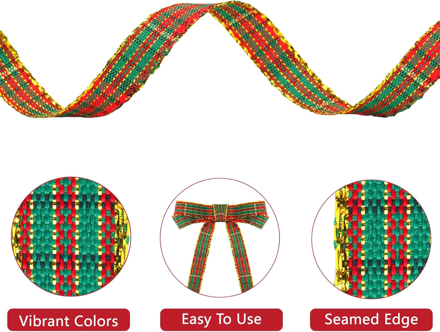 Christmas Ribbon 3/8" Red and Green Plaid Checkered Ribbon 25 Yard Tartan Gold Thread Woven Edge Gingham Ribbon for Crafts, Gift Wrapping, Wreath, Christmas Tree and Home Decoration