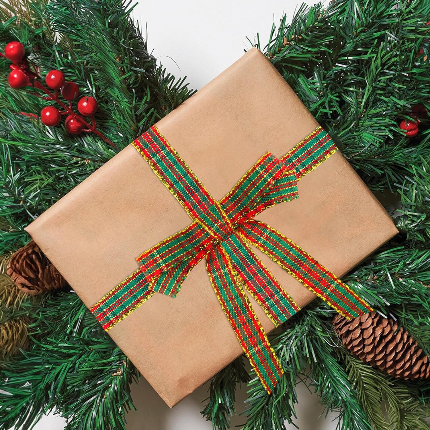 Christmas Ribbon 3/8" Red and Green Plaid Checkered Ribbon 25 Yard Tartan Gold Thread Woven Edge Gingham Ribbon for Crafts, Gift Wrapping, Wreath, Christmas Tree and Home Decoration
