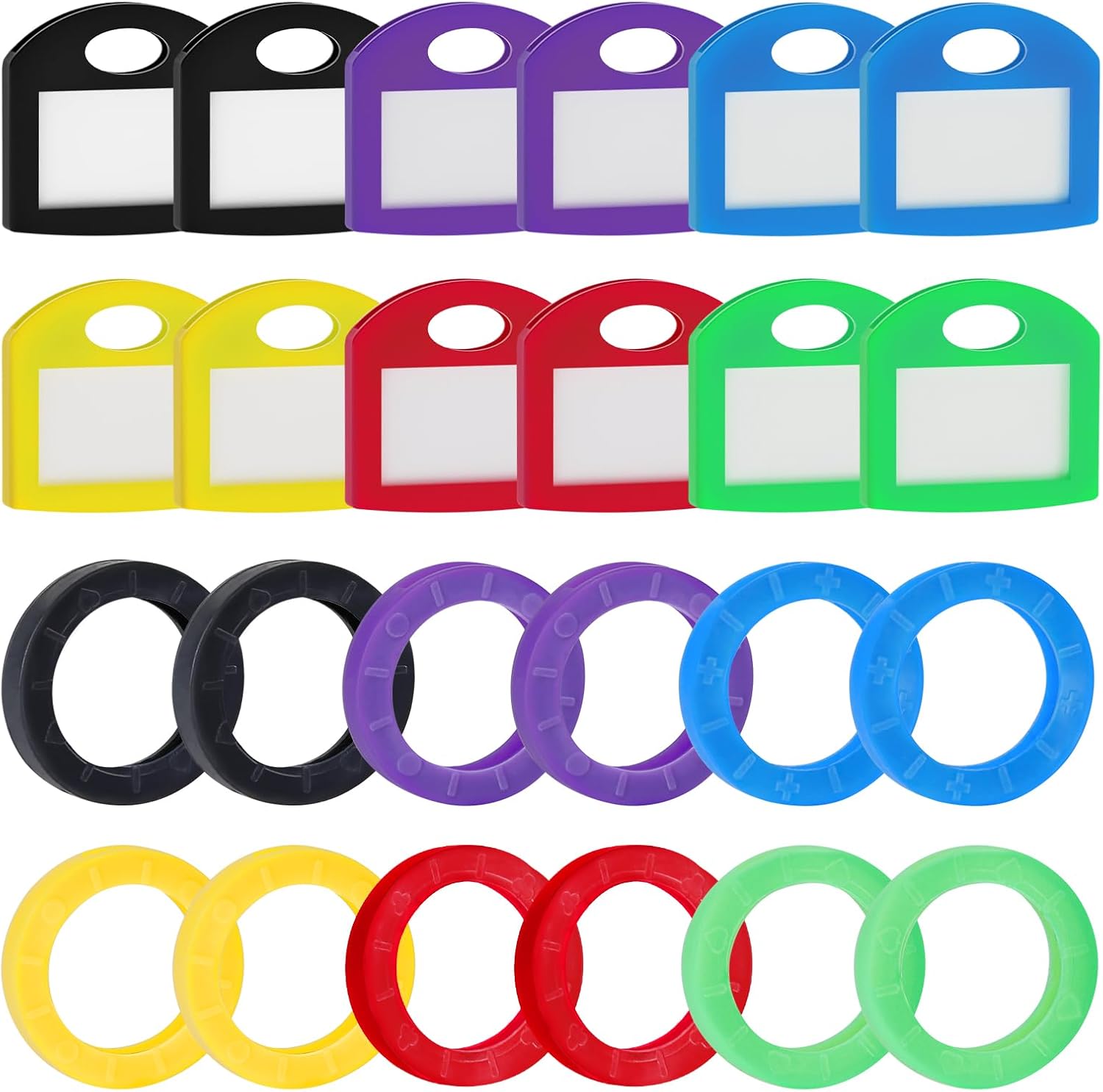 12 Pack Round Key Caps Covers and 12 Pack Key Cap Tags with Blank Paper Labels & Clear Windows Colorful Key Identifiers Protectors for Regular Flat House Keys Not for Odd-Shaped Keys