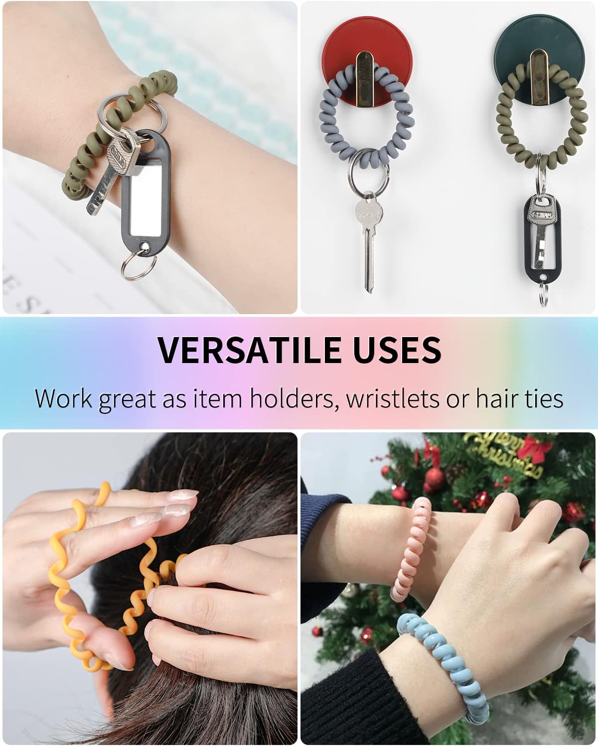 Wristlet Keychain Flexible Plastic Spring Spiral Coil Key Holder with Silver Key Ring Chain Holder Tag