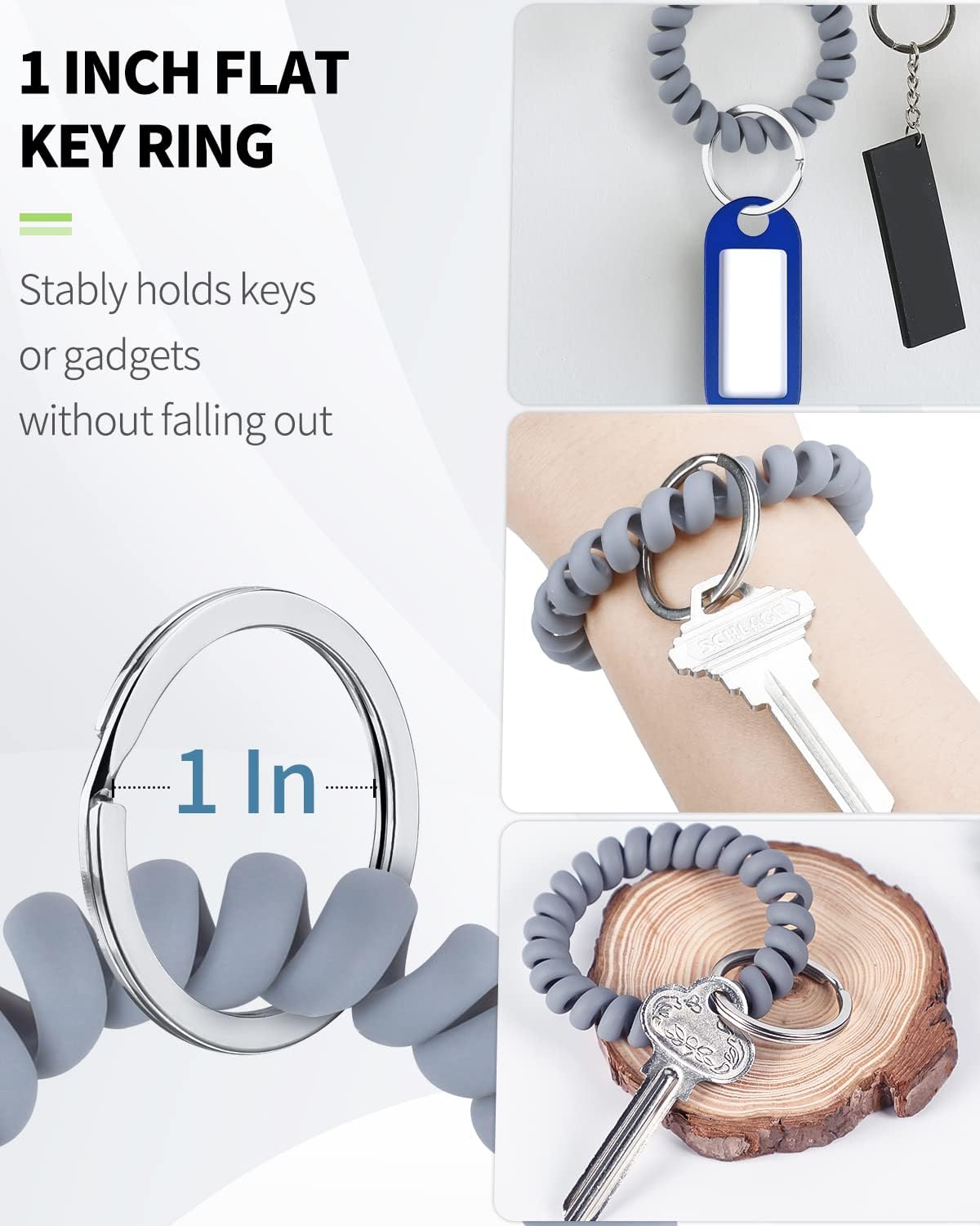 Wristlet Keychain Flexible Plastic Spring Spiral Coil Key Holder with Silver Key Ring Chain Holder Tag