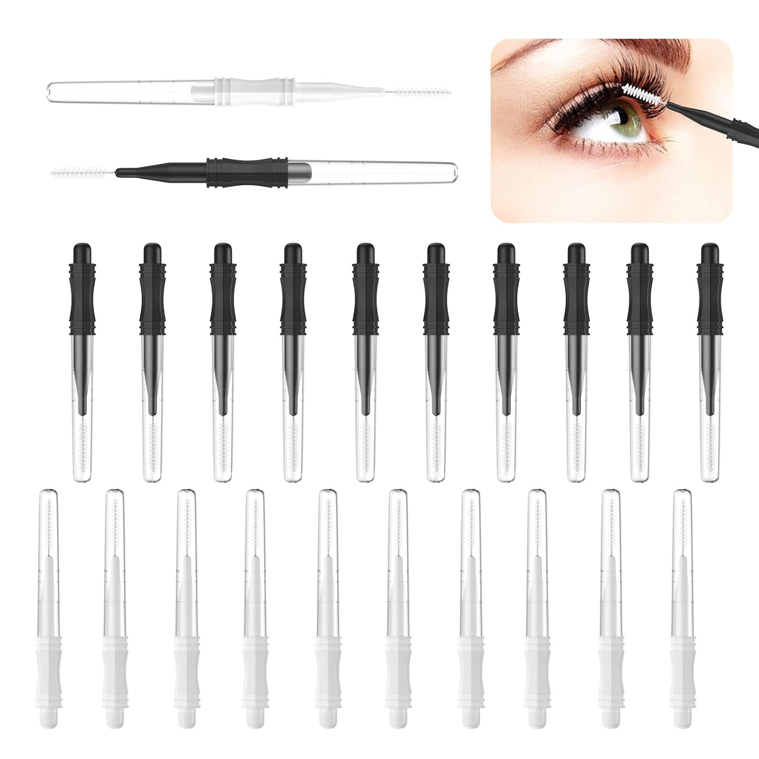 20 Pcs Micro Eyebrow Brush With Cap,Eyebrow Spoolie Brush Micro Eyebrow Lamination Brush 2 Size Multifunctional Micro Spooly Lash Mascara Brush Comb for Eyelash Lift Extensions Brow Clean White,Black
