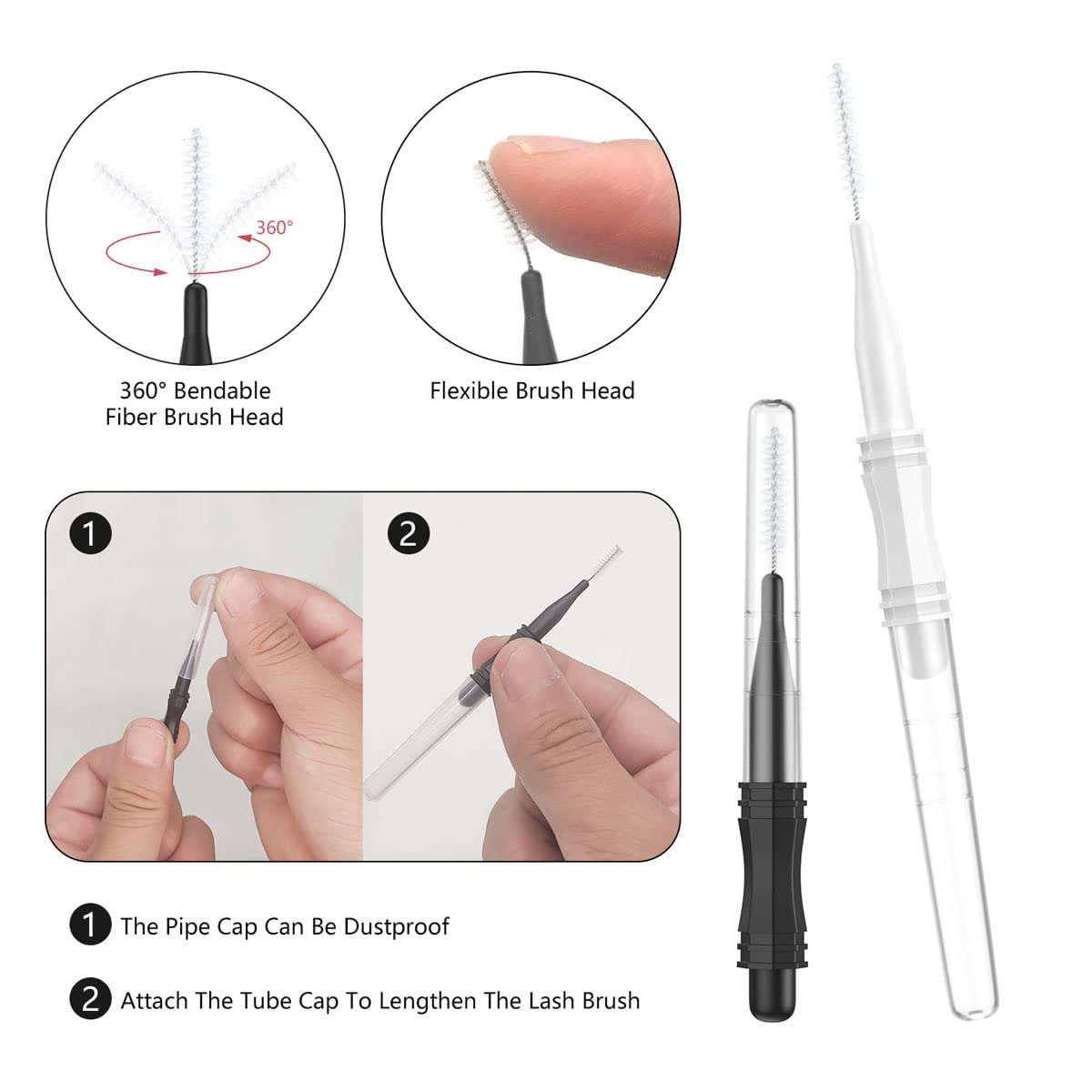 20 Pcs Micro Eyebrow Brush With Cap,Eyebrow Spoolie Brush Micro Eyebrow Lamination Brush 2 Size Multifunctional Micro Spooly Lash Mascara Brush Comb for Eyelash Lift Extensions Brow Clean White,Black