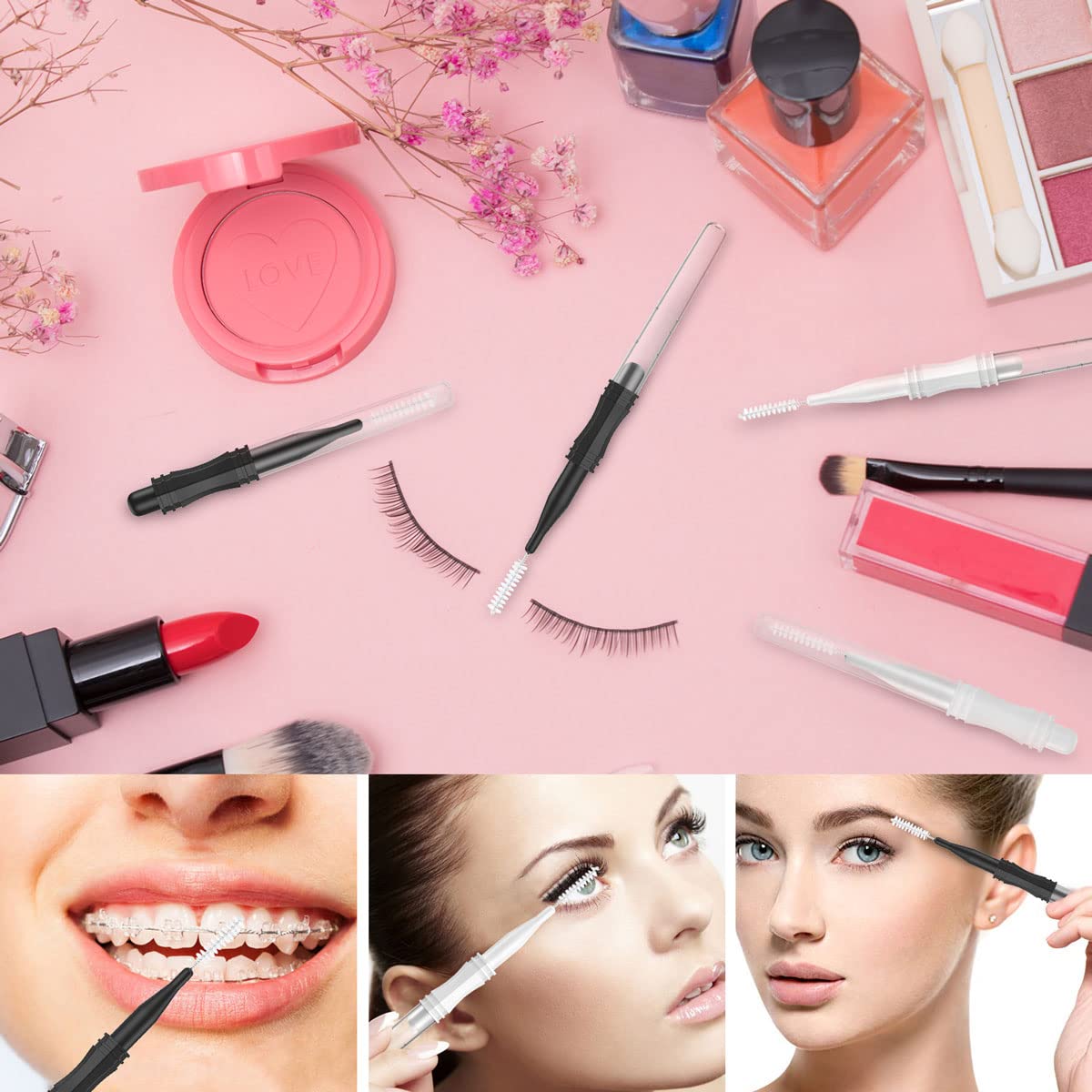 20 Pcs Micro Eyebrow Brush With Cap,Eyebrow Spoolie Brush Micro Eyebrow Lamination Brush 2 Size Multifunctional Micro Spooly Lash Mascara Brush Comb for Eyelash Lift Extensions Brow Clean White,Black