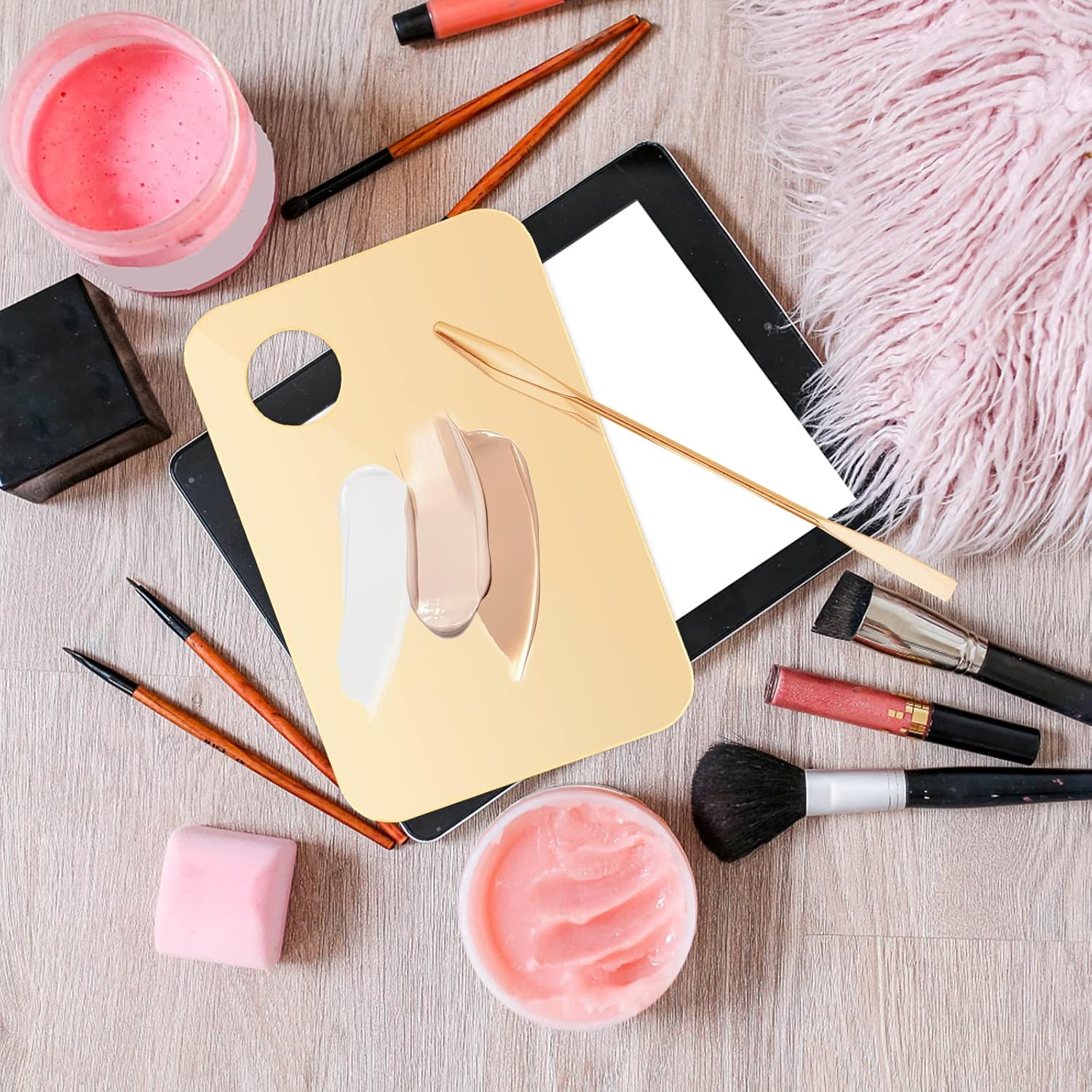 2Pcs Acrylic Makeup Mixing Palette with 2 Pcs Makeup Spatula, Gold Foundation Mixing Tray Cosmetic Palette Mixer for Foundation, Eyeshadow, Lipsticks, Nail Art