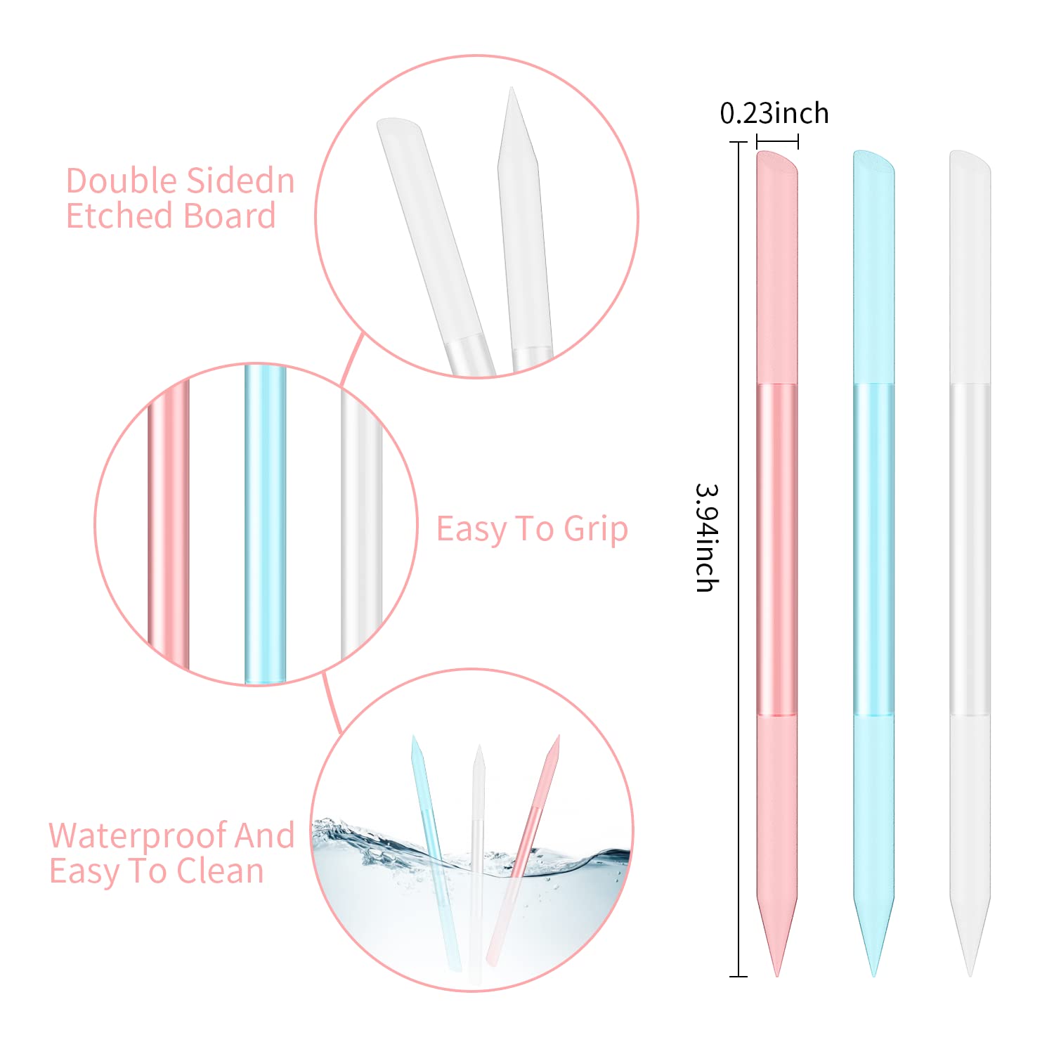 3 Pcs Glass Cuticle Pusher Nail File Cuticle Manicure Stick Remover Cuticle Tool Set Double Sided Crystal Glass with Grit Cuticle Care Stick for Women Girls Nail Salons Homes Pink,Blue,Transparent