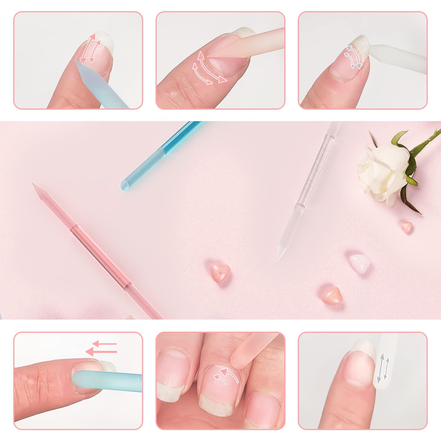 3 Pcs Glass Cuticle Pusher Nail File Cuticle Manicure Stick Remover Cuticle Tool Set Double Sided Crystal Glass with Grit Cuticle Care Stick for Women Girls Nail Salons Homes Pink,Blue,Transparent