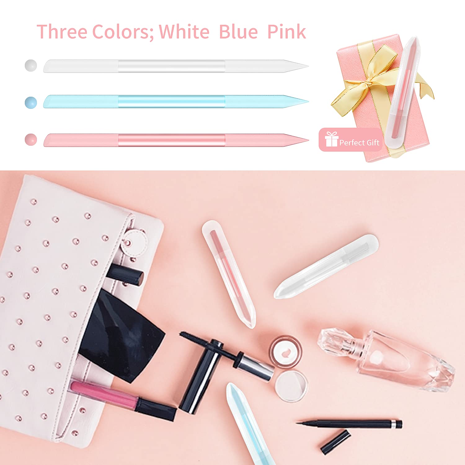 3 Pcs Glass Cuticle Pusher Nail File Cuticle Manicure Stick Remover Cuticle Tool Set Double Sided Crystal Glass with Grit Cuticle Care Stick for Women Girls Nail Salons Homes Pink,Blue,Transparent
