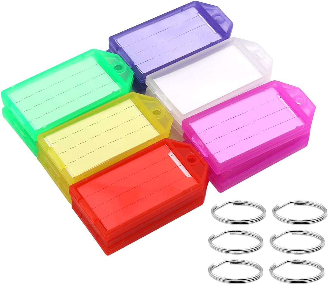 Tough Plastic Key Tags, 30 Pcs Colored Key Fobs Identifier ID Keychain Tag with Strong Split Ring and Flap Label Window for Luggage, 6 Assorted Colors