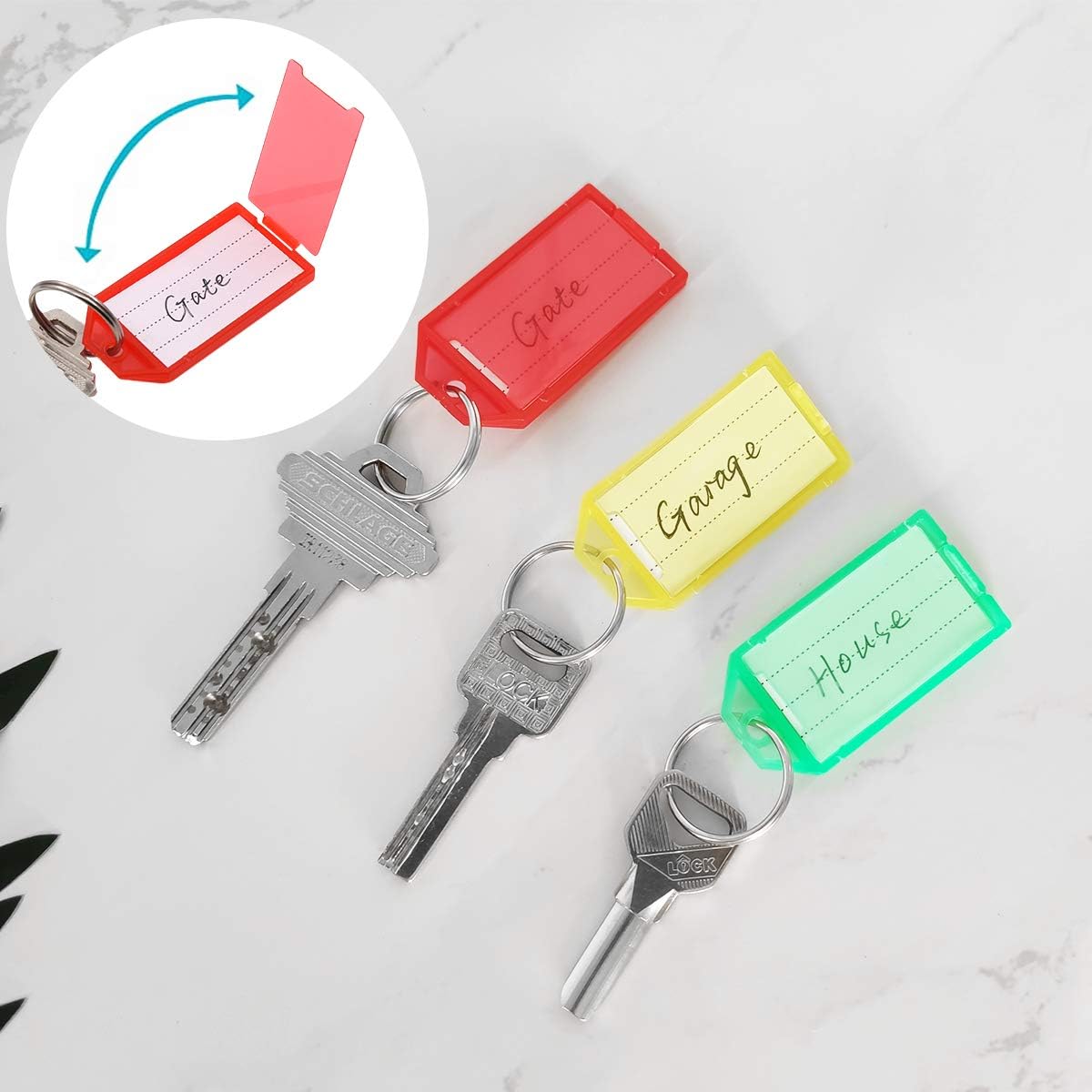 Tough Plastic Key Tags, 30 Pcs Colored Key Fobs Identifier ID Keychain Tag with Strong Split Ring and Flap Label Window for Luggage, 6 Assorted Colors