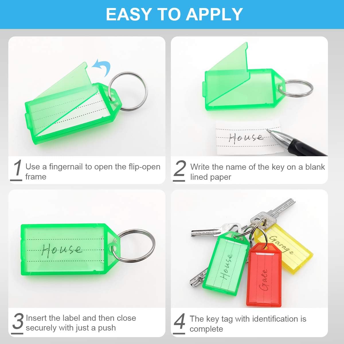 Tough Plastic Key Tags, 30 Pcs Colored Key Fobs Identifier ID Keychain Tag with Strong Split Ring and Flap Label Window for Luggage, 6 Assorted Colors