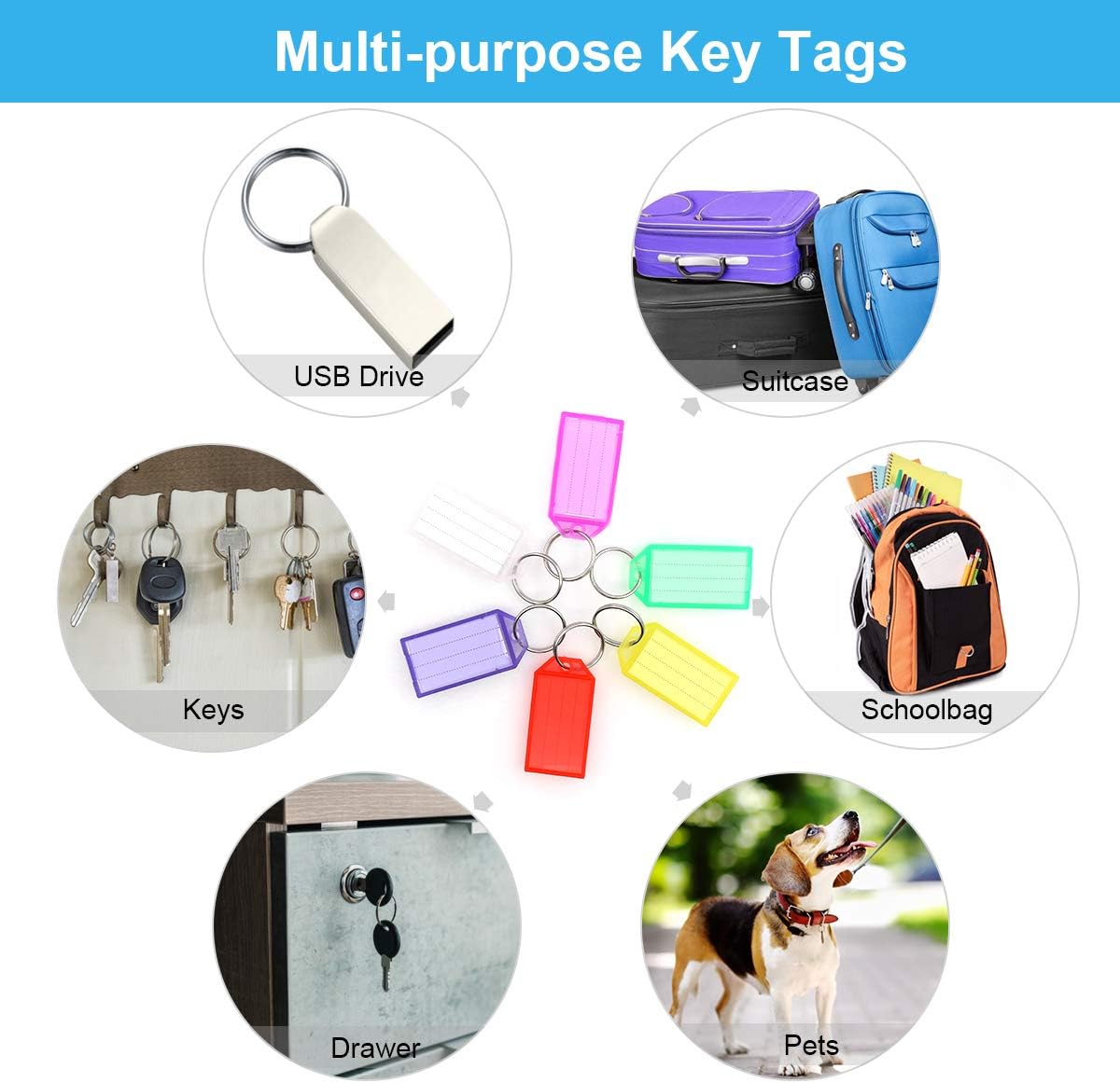 Tough Plastic Key Tags, 30 Pcs Colored Key Fobs Identifier ID Keychain Tag with Strong Split Ring and Flap Label Window for Luggage, 6 Assorted Colors