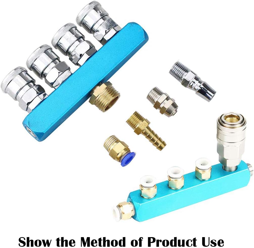 1/4" 2 Way 5 Port Aluminum Air Hose Inline Manifold Block Splitter, Pneumatic Air Compressor Manifold Fitting