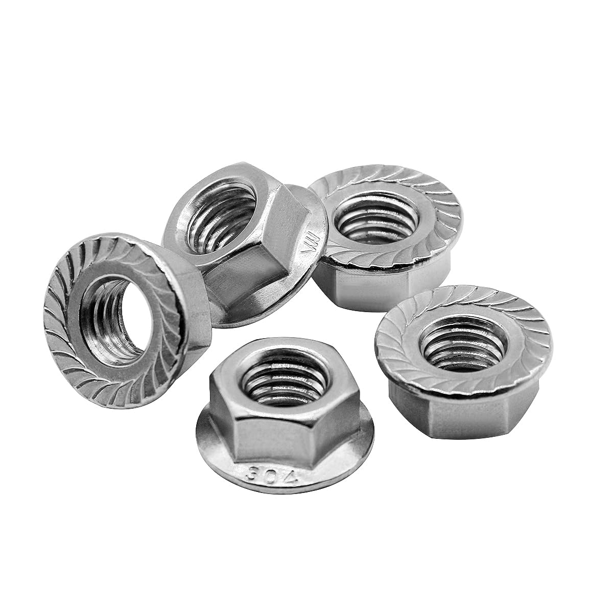 M6*1.0 Serrated Flange Hex Lock Nuts 304 Stainless Steel 18-8 Bright Finish 30PCS