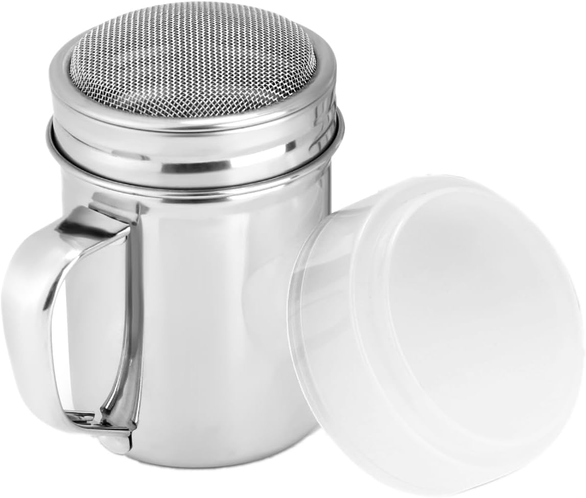 1 Pack Powdered Sugar Shaker Duster with Handle, Cinnamon Shaker Flour Sifter, Fine Mesh Stainless Steel Dredge for Baking Soda Flour Cinnamon Cocoa, 7oz