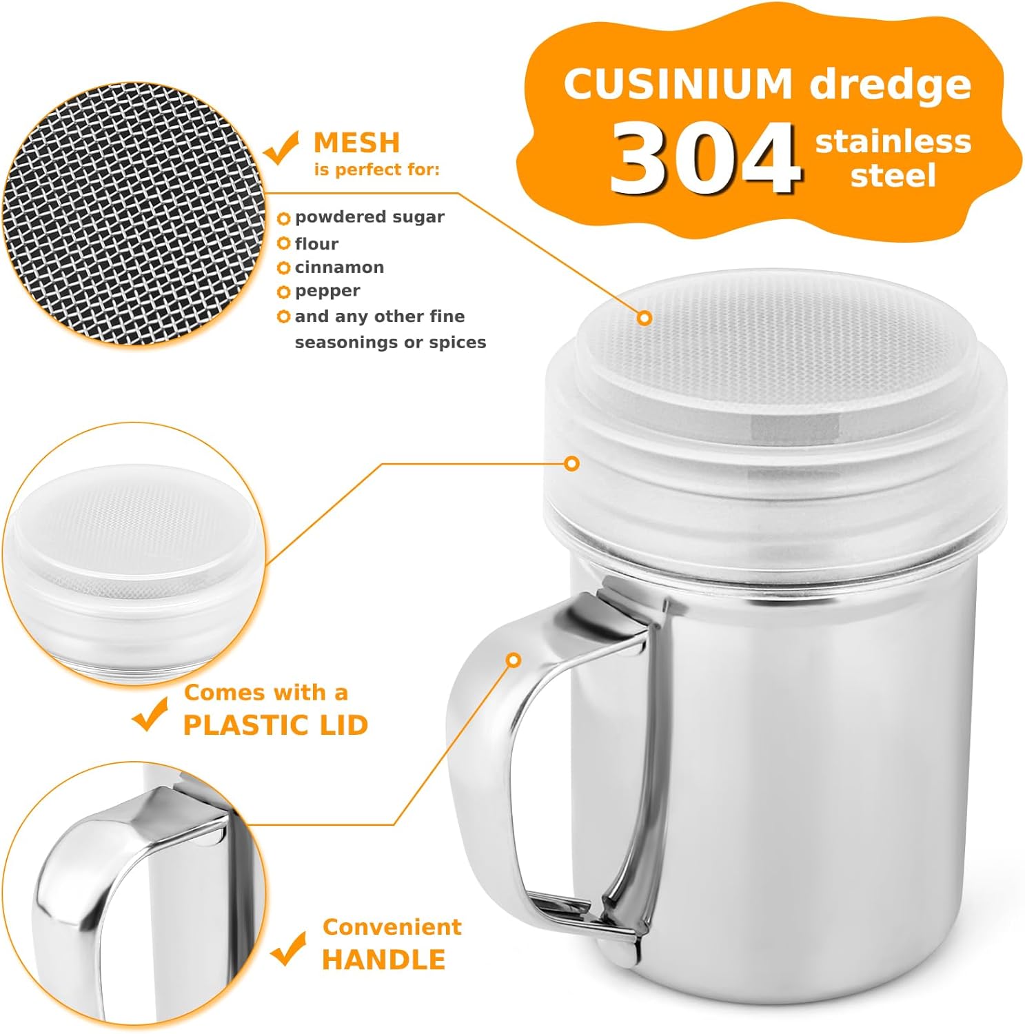 1 Pack Powdered Sugar Shaker Duster with Handle, Cinnamon Shaker Flour Sifter, Fine Mesh Stainless Steel Dredge for Baking Soda Flour Cinnamon Cocoa, 7oz