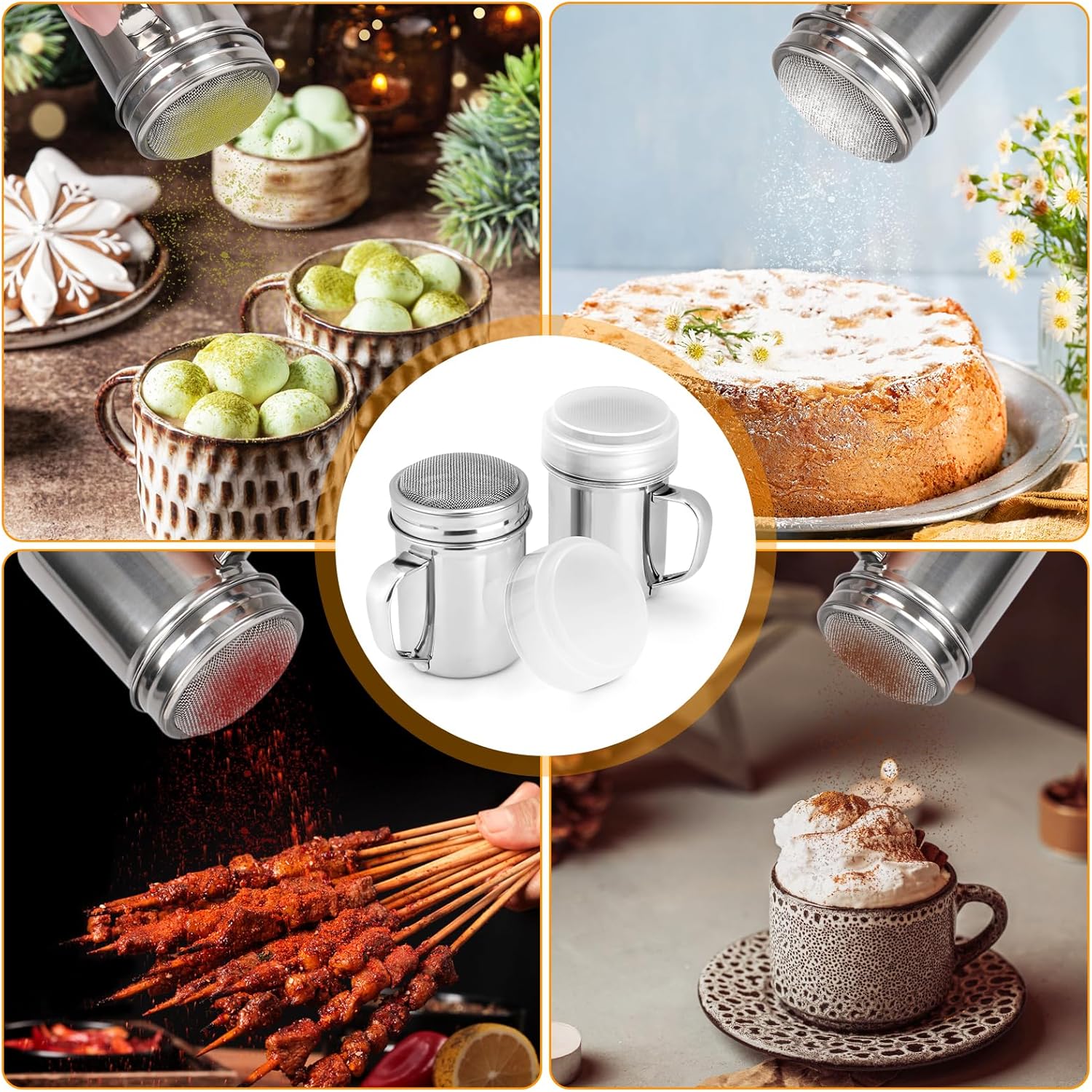 1 Pack Powdered Sugar Shaker Duster with Handle, Cinnamon Shaker Flour Sifter, Fine Mesh Stainless Steel Dredge for Baking Soda Flour Cinnamon Cocoa, 7oz