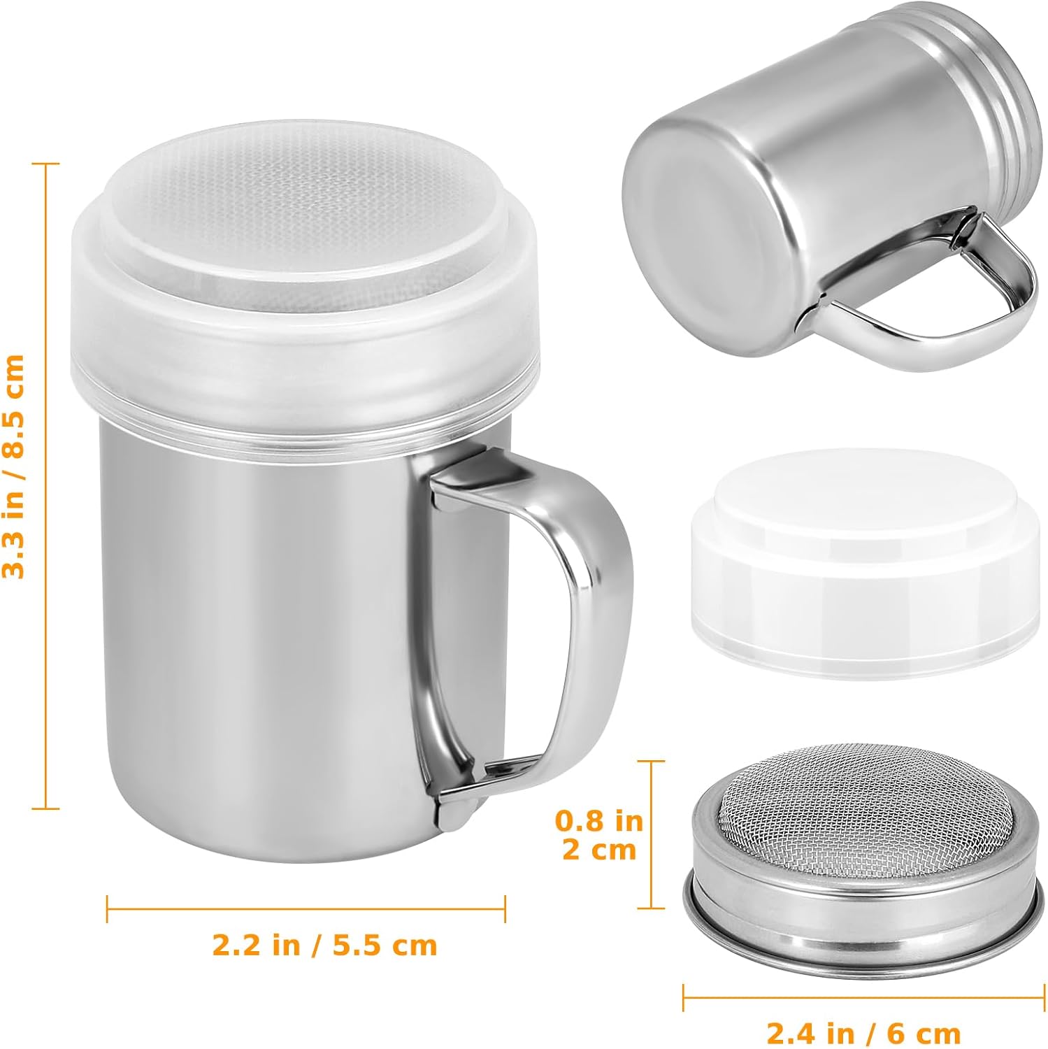 1 Pack Powdered Sugar Shaker Duster with Handle, Cinnamon Shaker Flour Sifter, Fine Mesh Stainless Steel Dredge for Baking Soda Flour Cinnamon Cocoa, 7oz