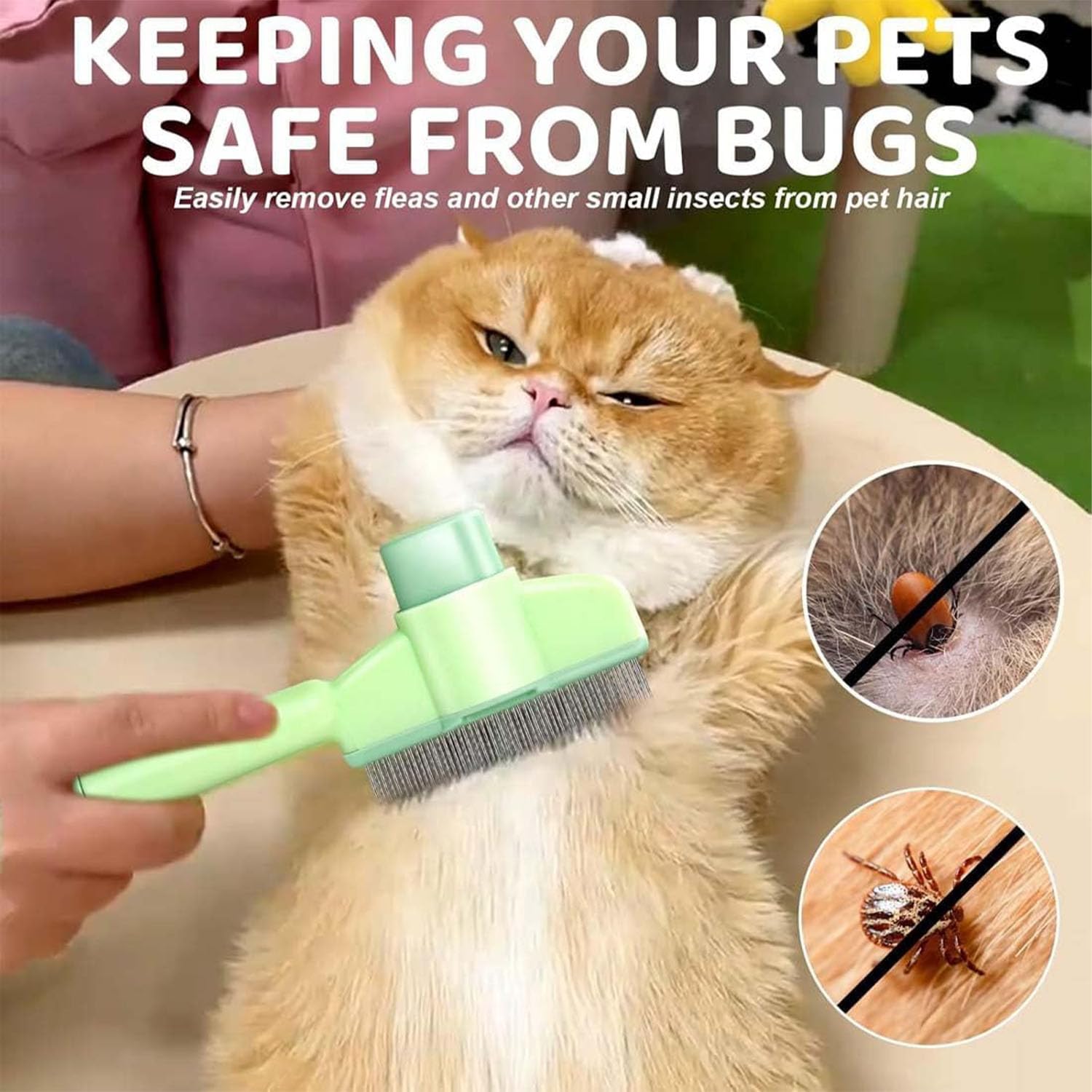 Pet Comb for Cats,Pet Hair Removal Comb Flea Comb with Release Button Green