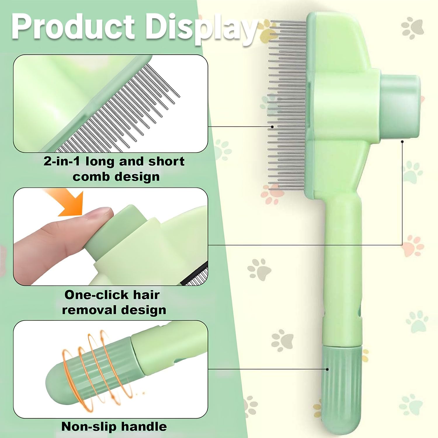 Pet Comb for Cats,Pet Hair Removal Comb Flea Comb with Release Button Green