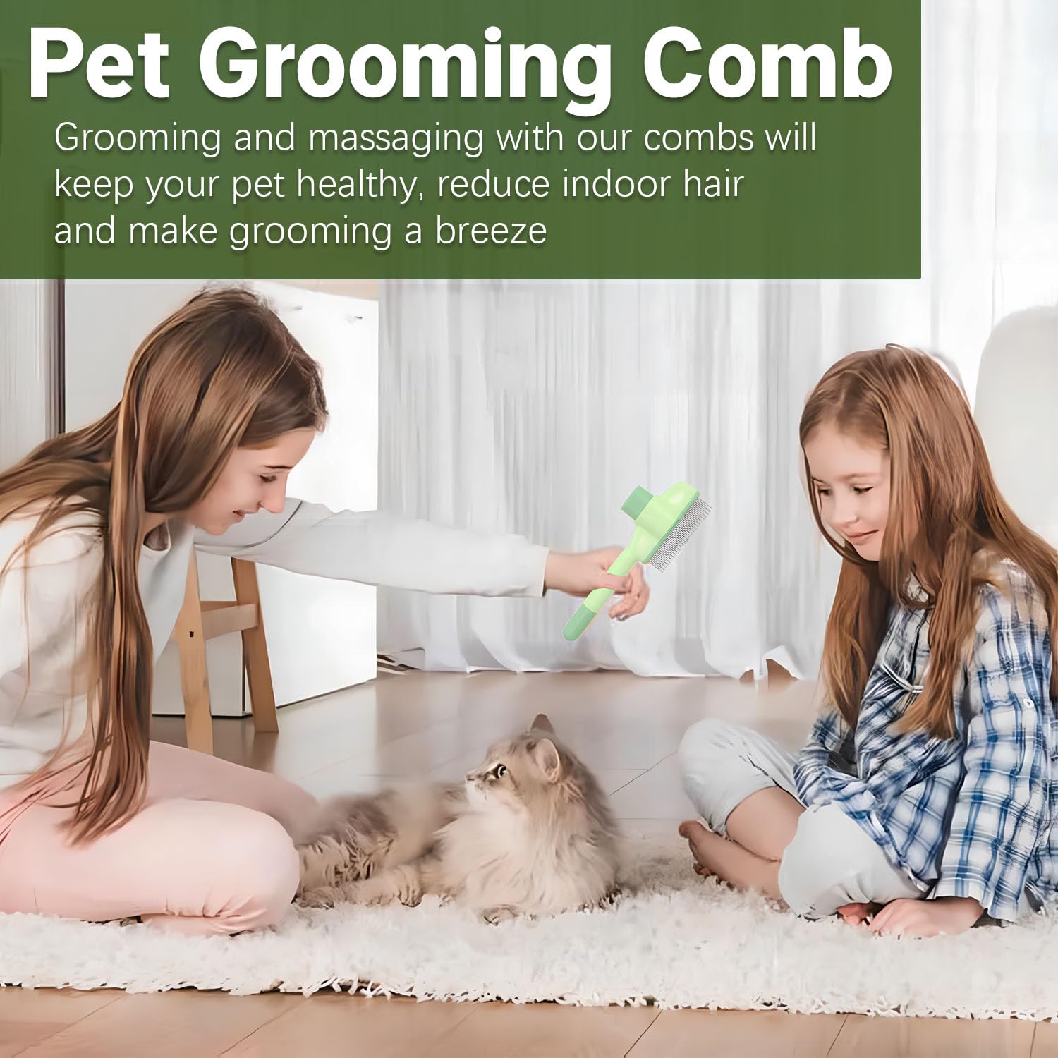 Pet Comb for Cats,Pet Hair Removal Comb Flea Comb with Release Button Green