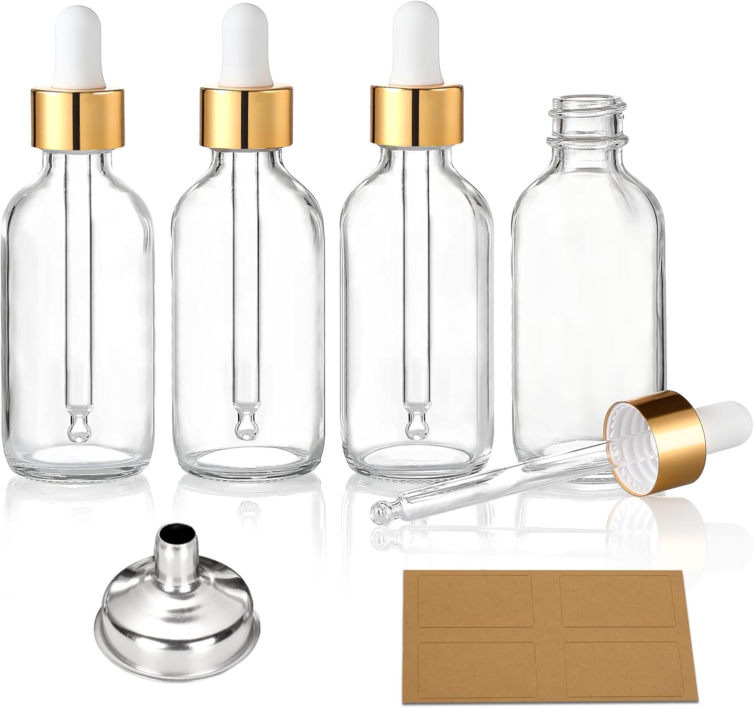 4 Pcs, 1 oz Golden Cap Clear Dropper Bottles 30ml with 1 Funnel & 4 Labels - Glass Tincture Bottles with Eye Droppers - Leakproof Essential Oil Bottles for Health, Personal Care & Beauty