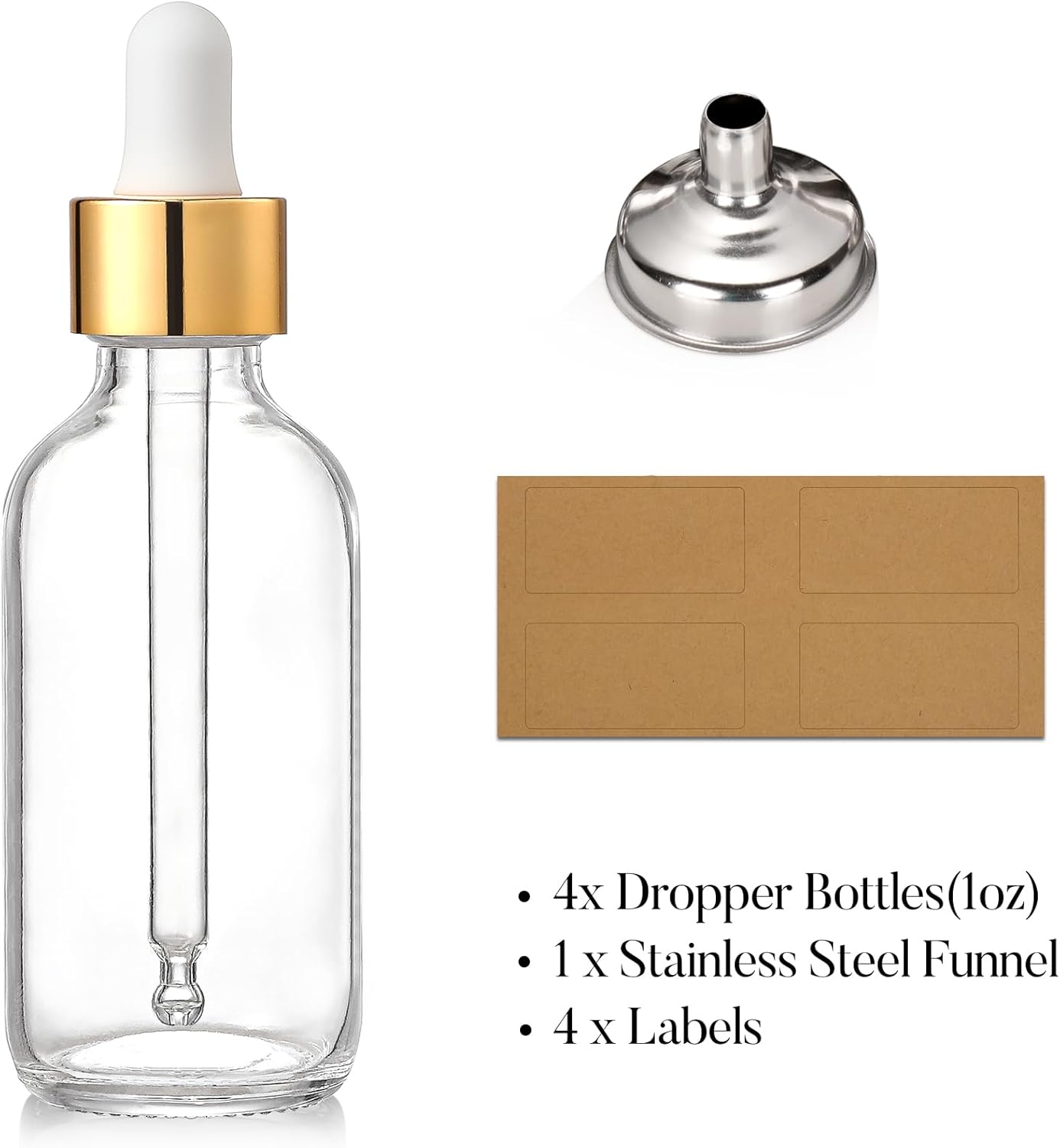 4 Pcs, 1 oz Golden Cap Clear Dropper Bottles 30ml with 1 Funnel & 4 Labels - Glass Tincture Bottles with Eye Droppers - Leakproof Essential Oil Bottles for Health, Personal Care & Beauty