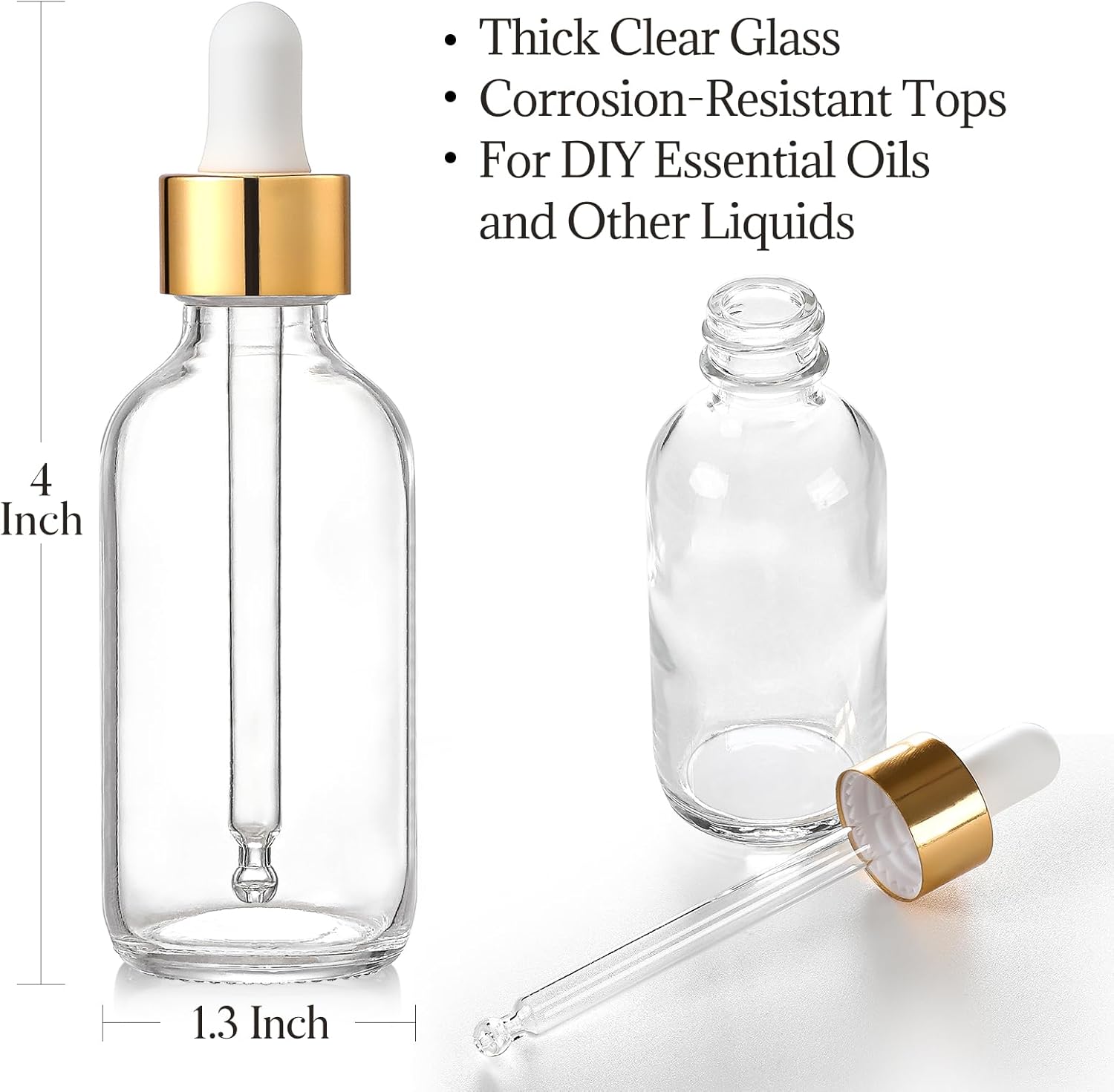 4 Pcs, 1 oz Golden Cap Clear Dropper Bottles 30ml with 1 Funnel & 4 Labels - Glass Tincture Bottles with Eye Droppers - Leakproof Essential Oil Bottles for Health, Personal Care & Beauty