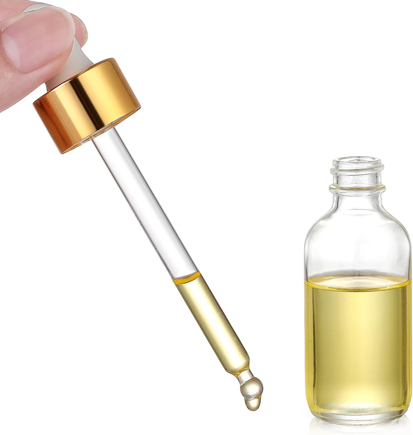 4 Pcs, 1 oz Golden Cap Clear Dropper Bottles 30ml with 1 Funnel & 4 Labels - Glass Tincture Bottles with Eye Droppers - Leakproof Essential Oil Bottles for Health, Personal Care & Beauty