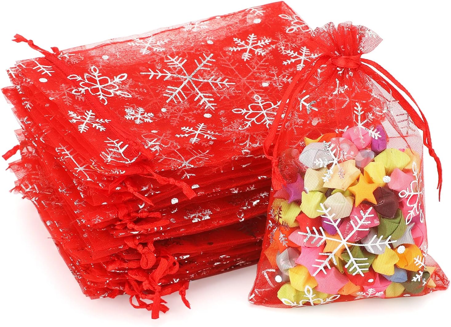 4x6 Inch Christmas Organza Bags - 50Pcs Red Snowflake Gift Bags with Drawstring, Xmas Party Favor Sheer Mesh Pouches for Winter Gift, Candy, Jewelry Bag