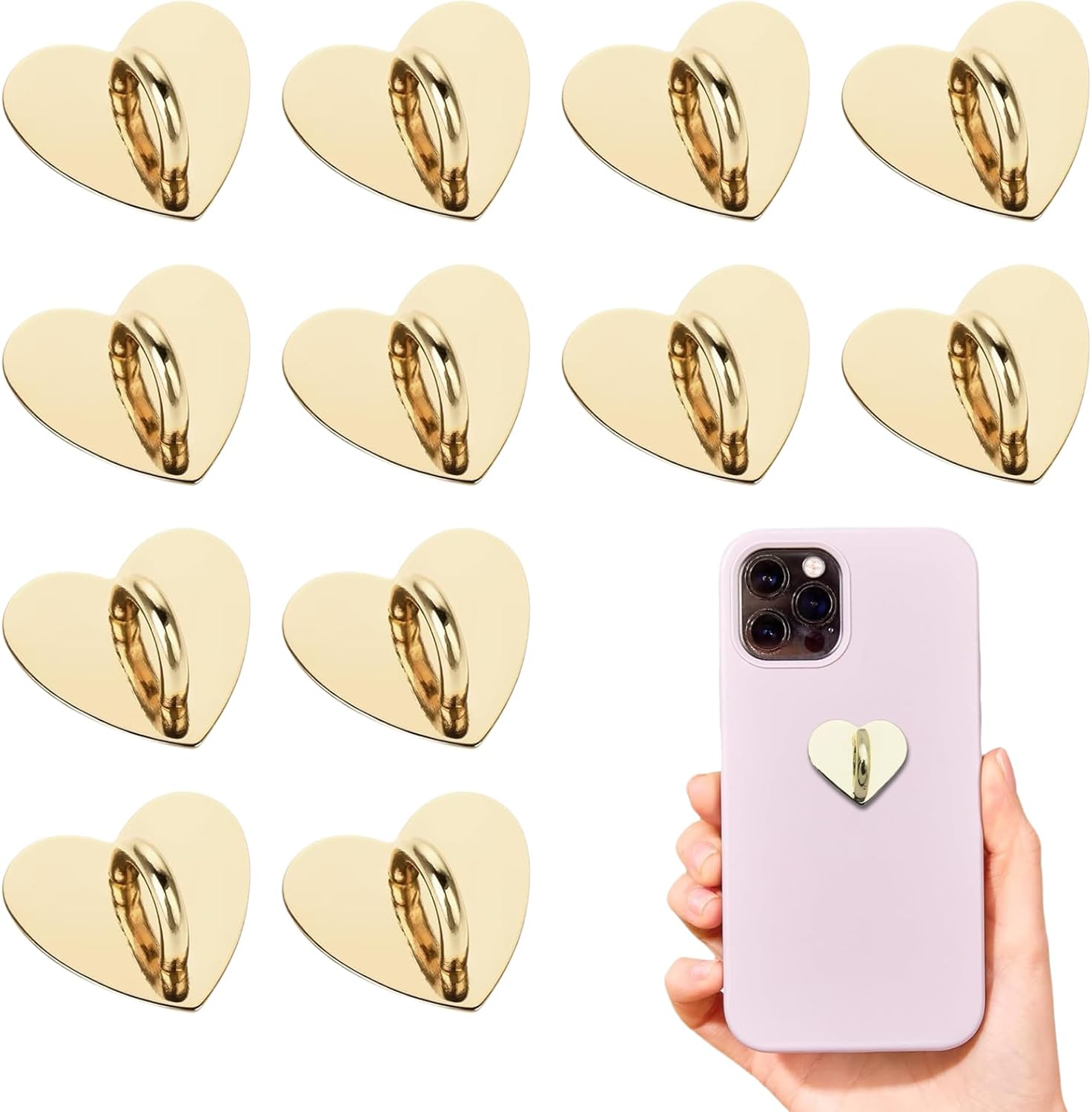 12 Pcs Phone Charm Hook Heart-Shaped Universal Adhesive Metal Hook Phone Keychain Hook Surface Plating Heart Cell Phone Ring Holder Suitable for Cell Phone Case Tablet DIY Hanging Accessories Gold