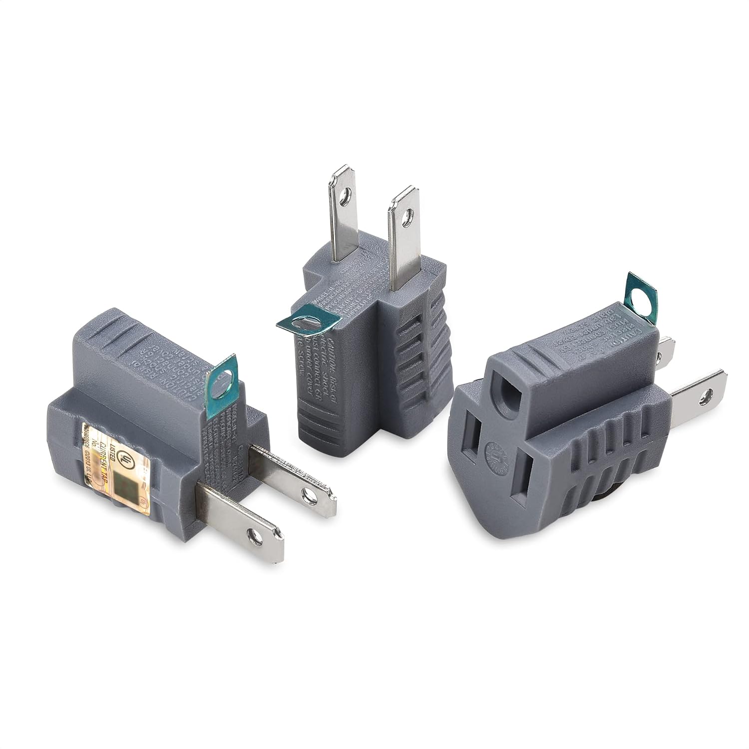 UL Listed 3-Pack 2 Prong to 3 Prong Outlet Adapter in Gray, 3Prong to 2Prong Plug Adapter - Allows a 2Prong Outlet to Accept 3Prong Plugs