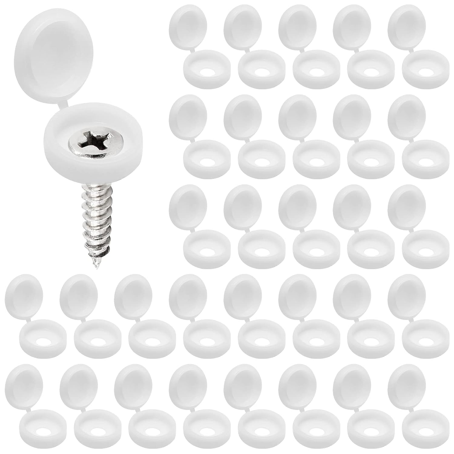 50 PCS White Plastic Hinged Screw Cover Caps for Covering Screw Heads, Fold Screws Snap Covers Washer Flip Tops for Screws Protection
