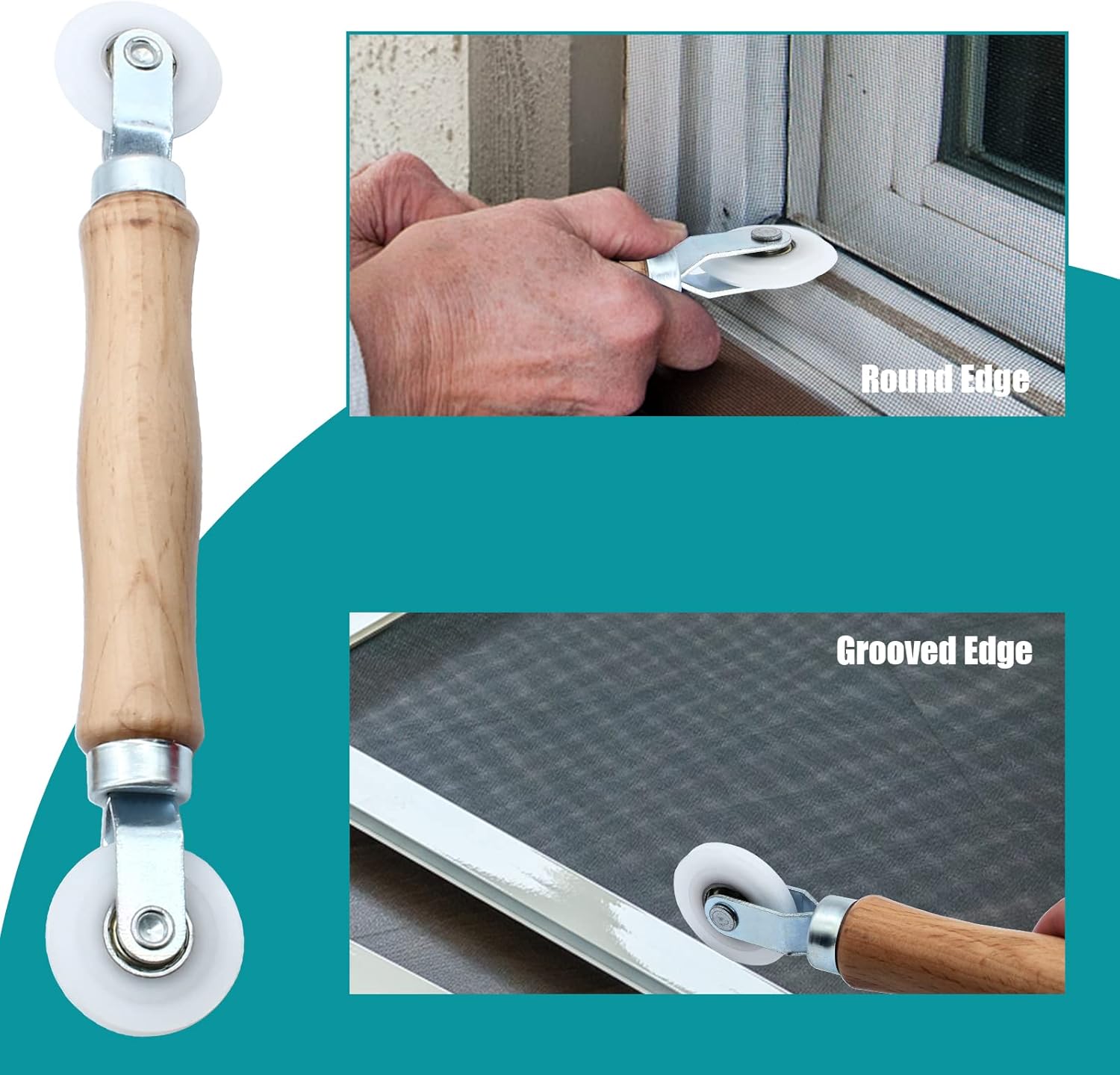 3 Pcs Window Door Screen Repair Kit, Screen Spline Roller Tool with Wooden Handle & Nylon Bearing Wheels and Removal Hook