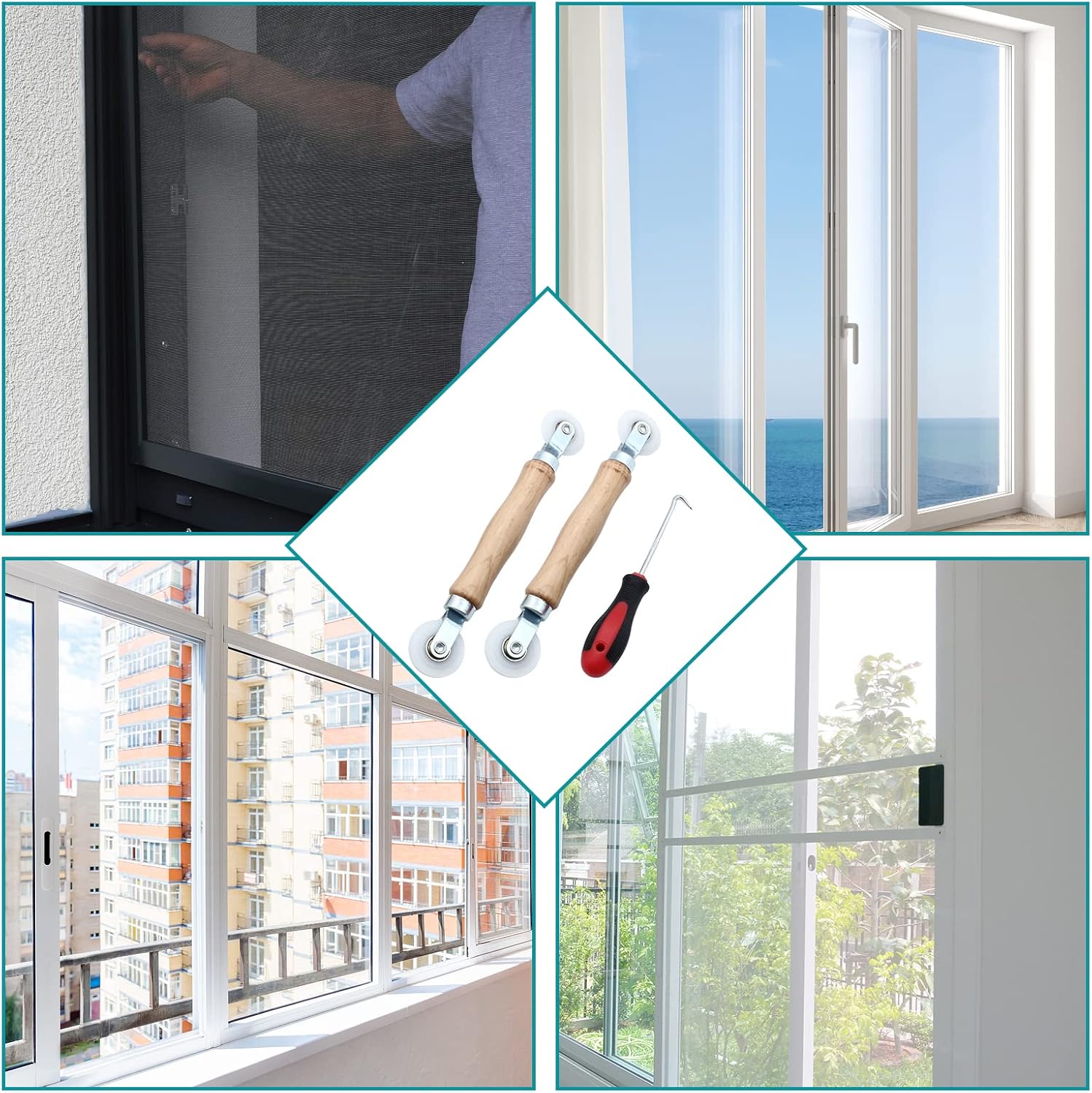 3 Pcs Window Door Screen Repair Kit, Screen Spline Roller Tool with Wooden Handle & Nylon Bearing Wheels and Removal Hook